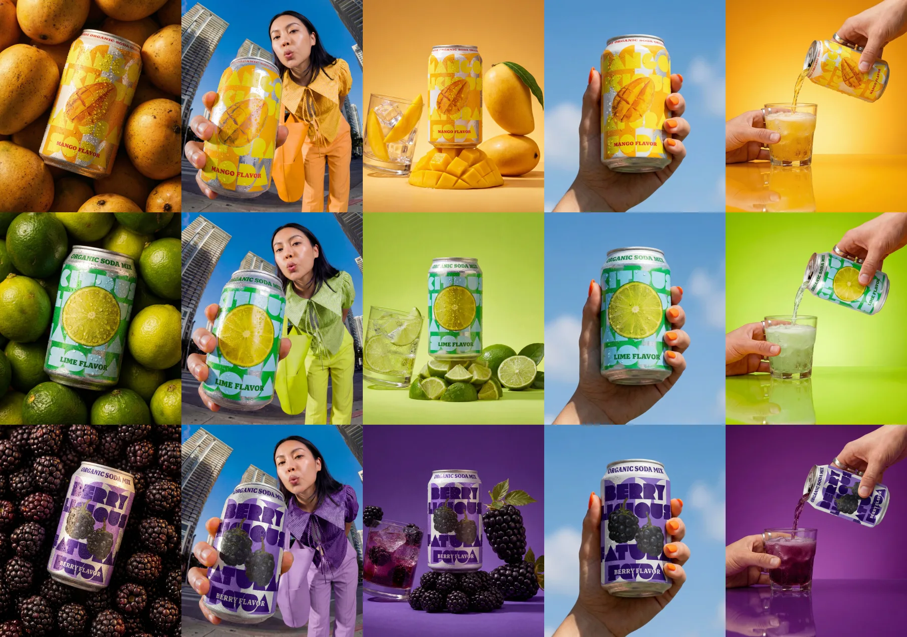 A batch of consistent Riverflow product images across mango, lime and berry variants