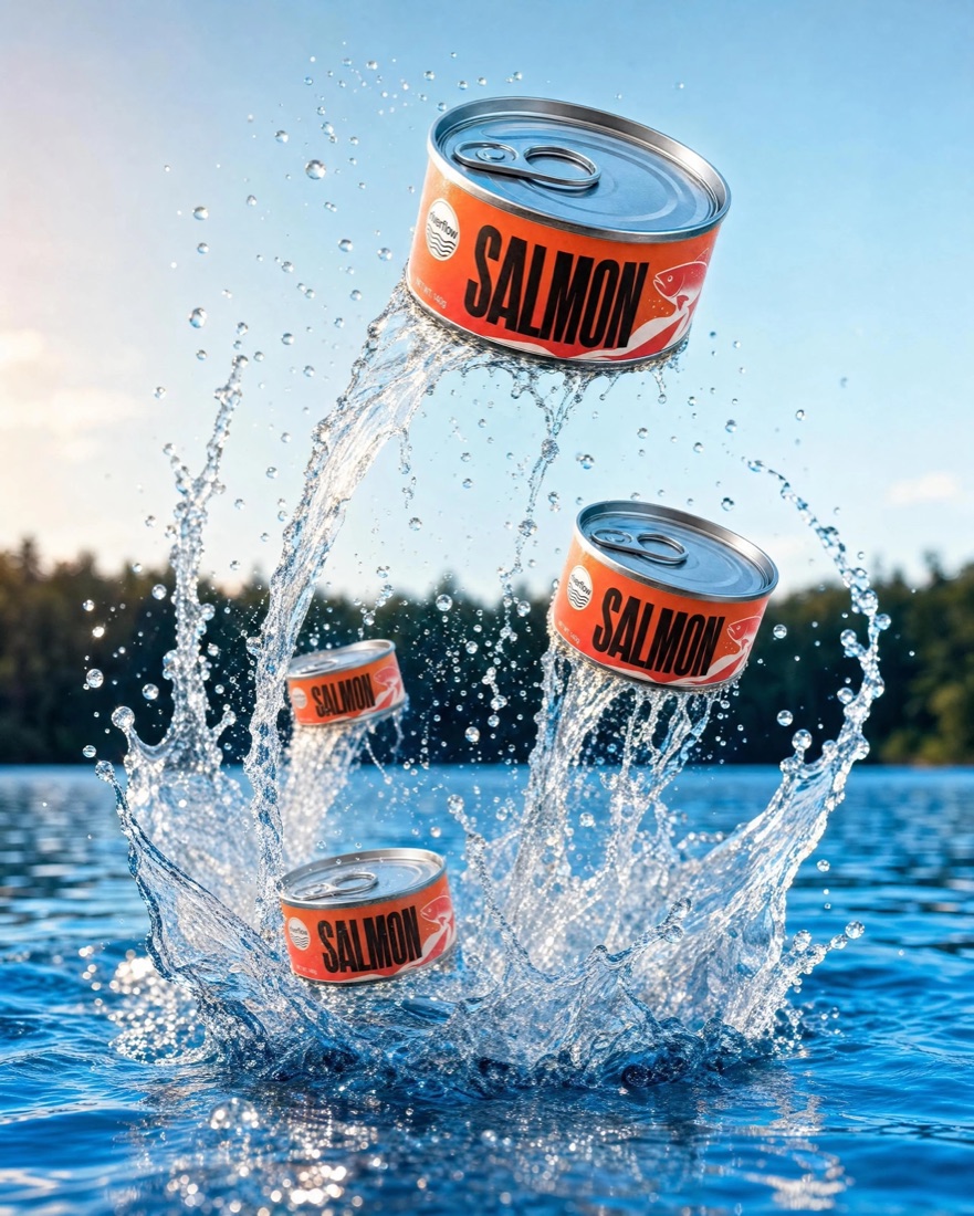Salmon tins leaping out of a blue lake in arcs of spray