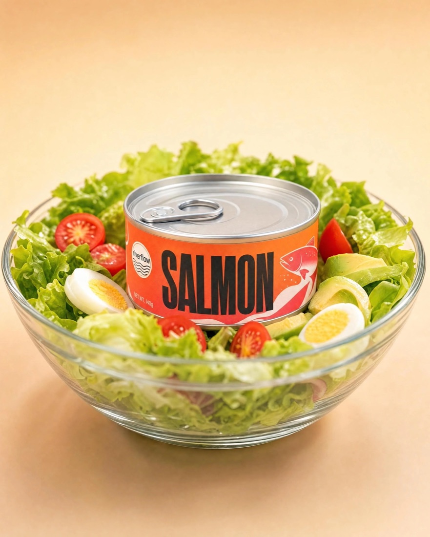 Salmon tin standing in a glass bowl of fresh salad