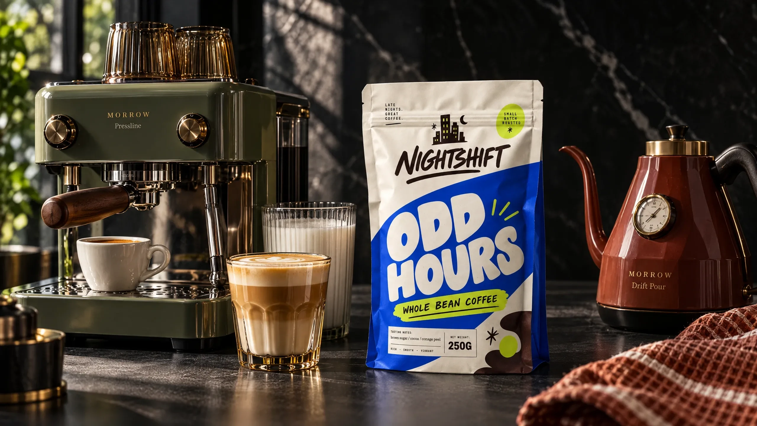 Nightshift Odd Hours coffee beside an espresso machine and kettle, created by Gambit Strategy