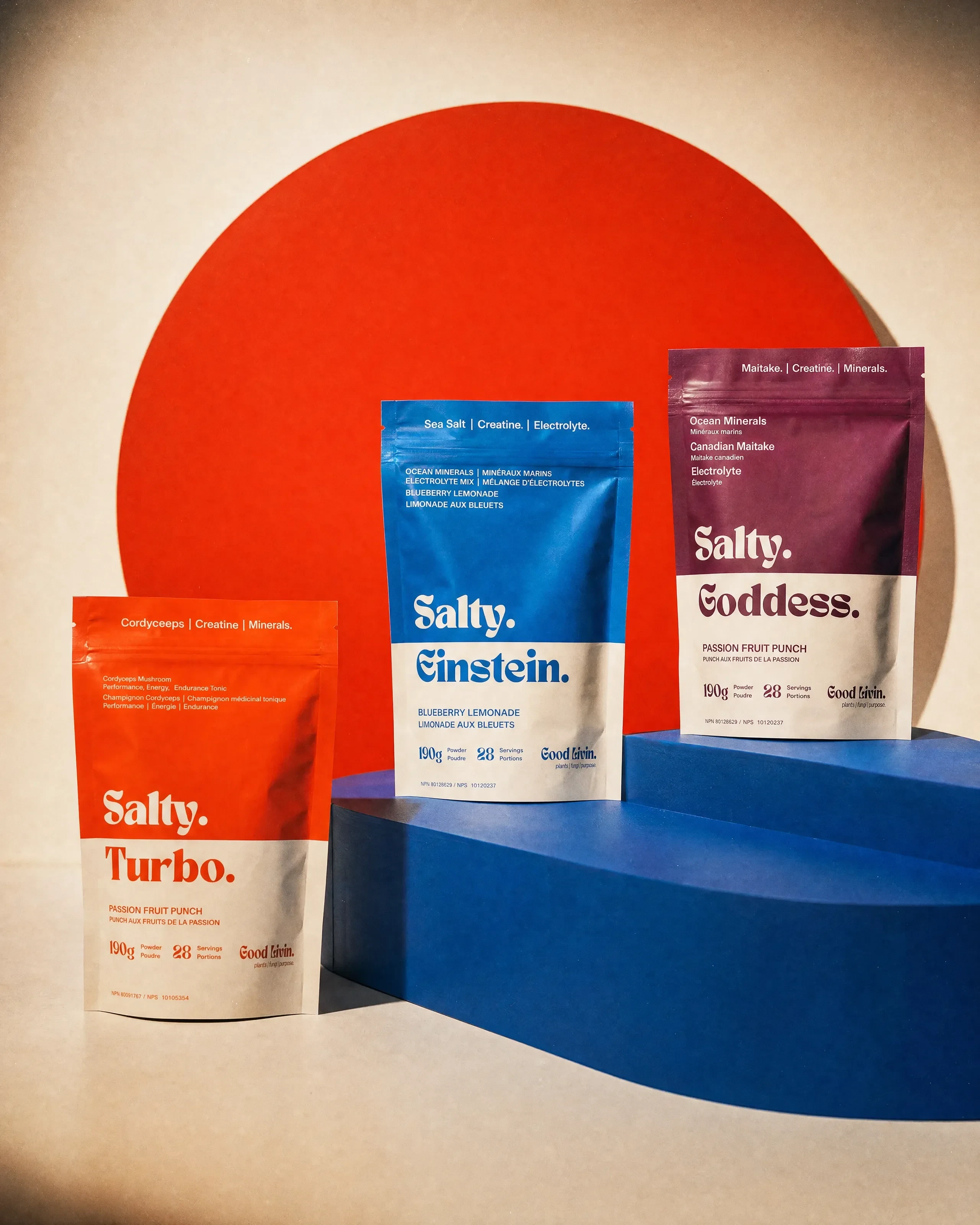Good Livin' Salty Turbo, Salty Einstein and Salty Goddess supplement pouches