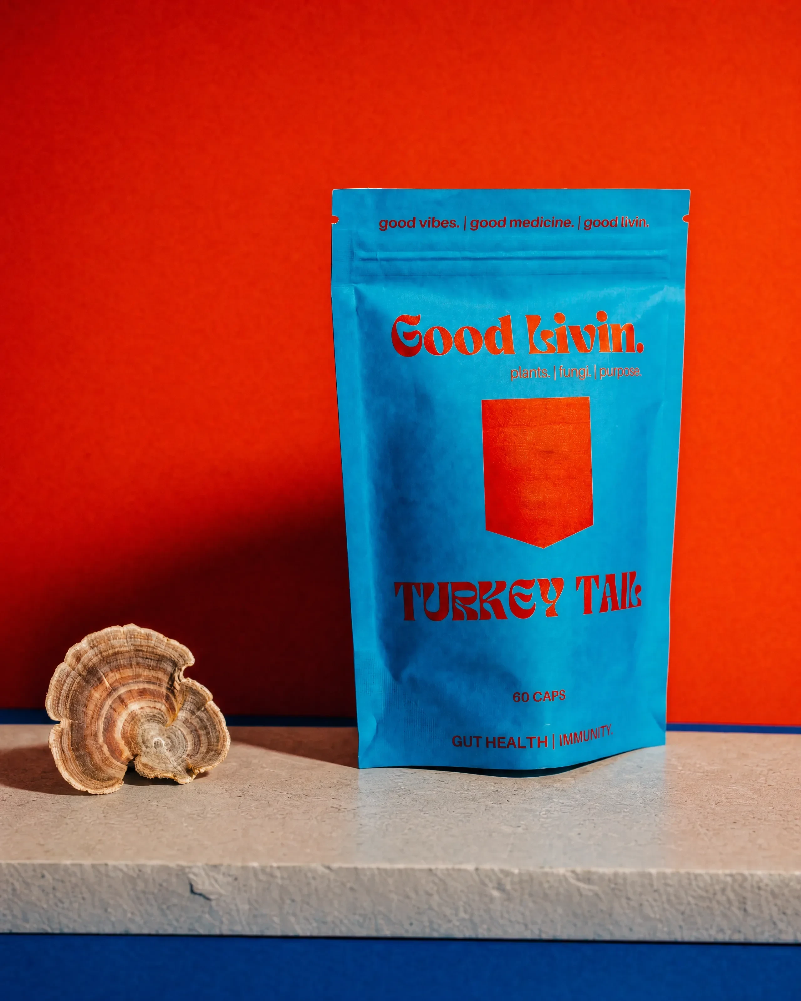 Good Livin' Turkey Tail supplement pouch beside turkey tail mushrooms