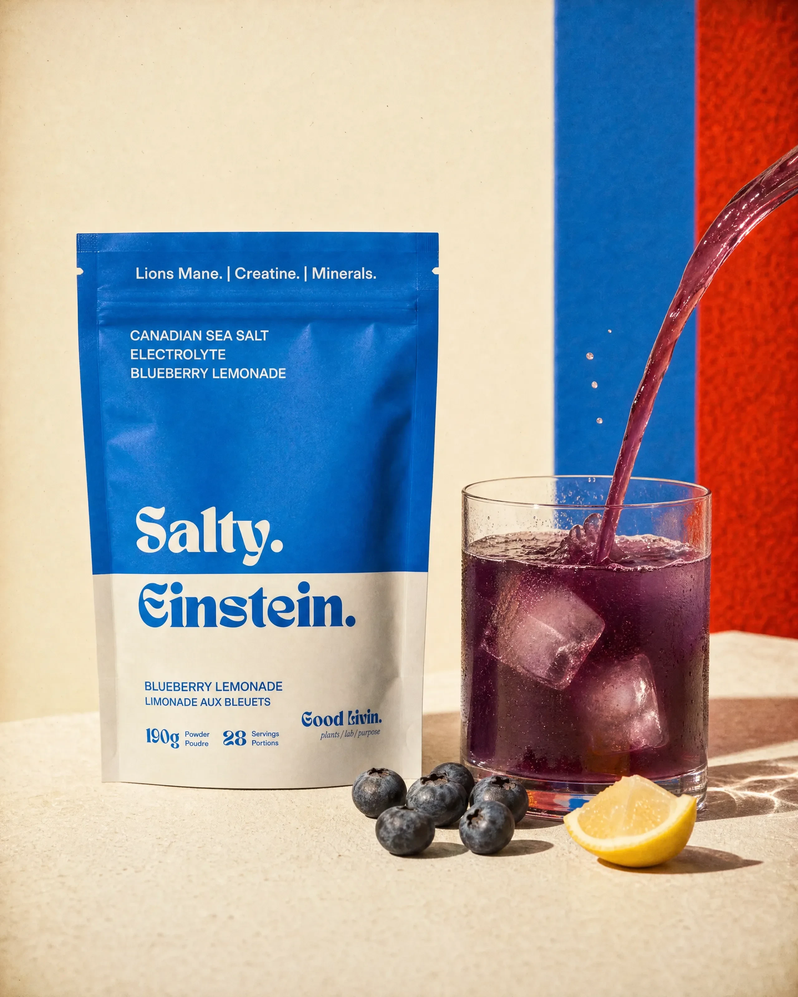 Good Livin' Salty Einstein pouch with a blueberry drink