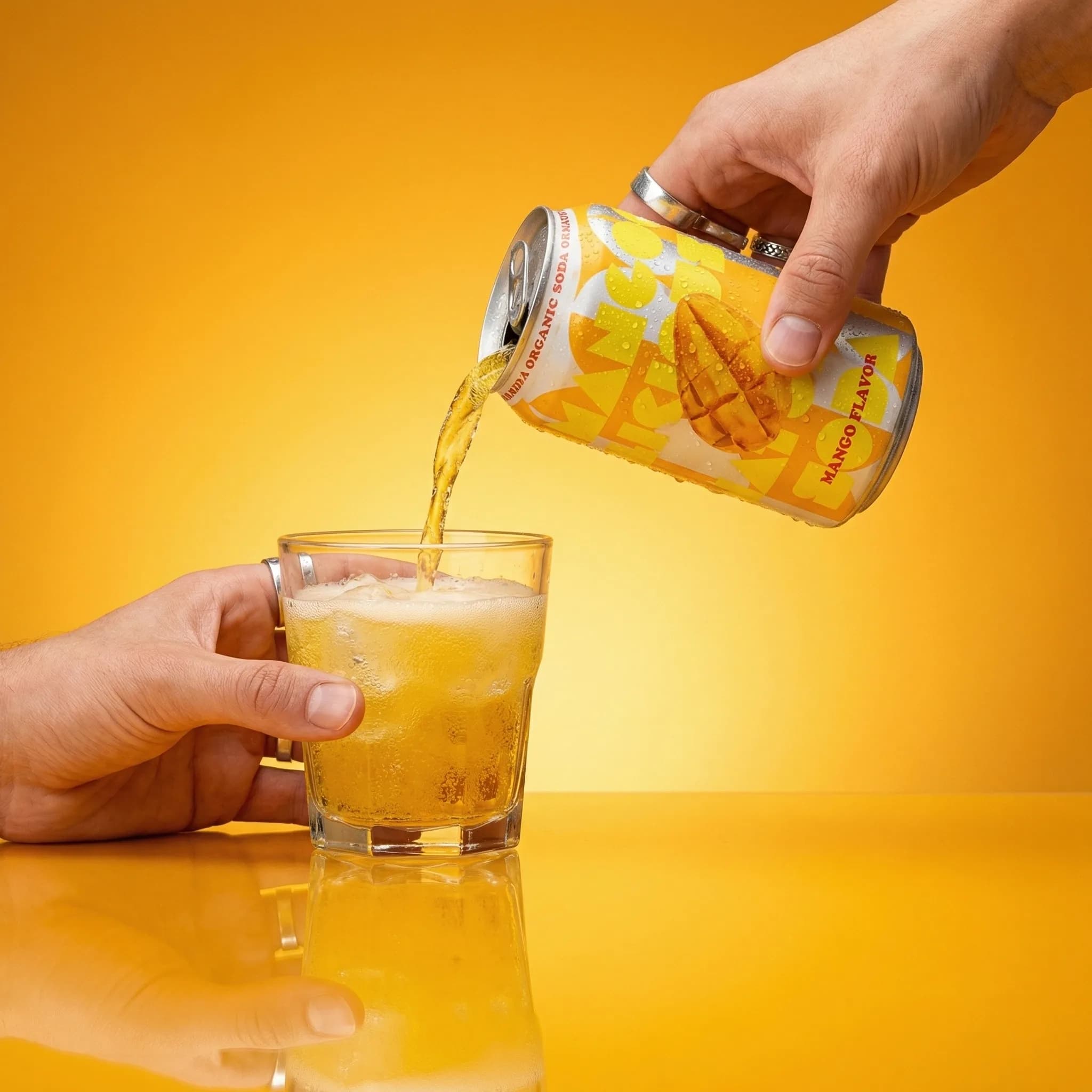 A canned drink being poured into a glass.