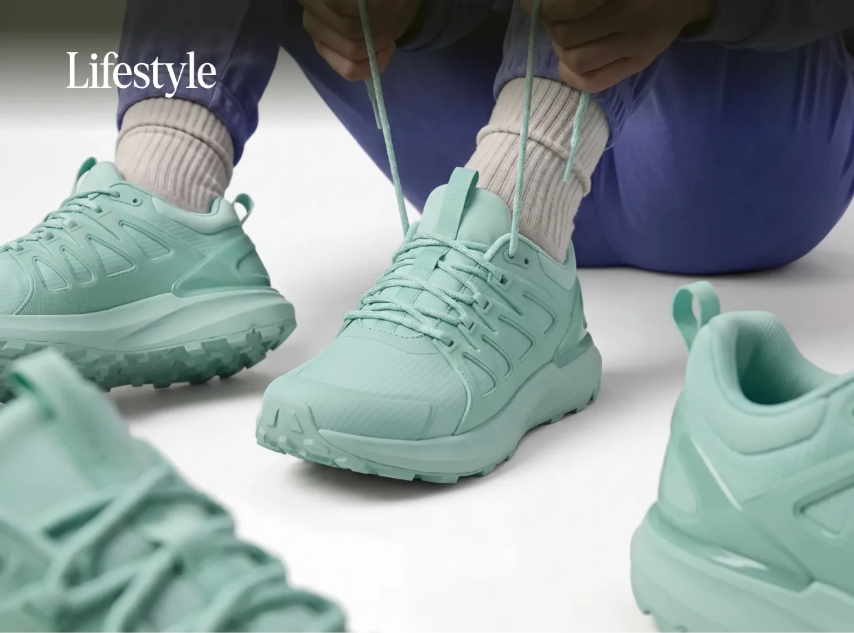 A styled product scene with mint green shoes.