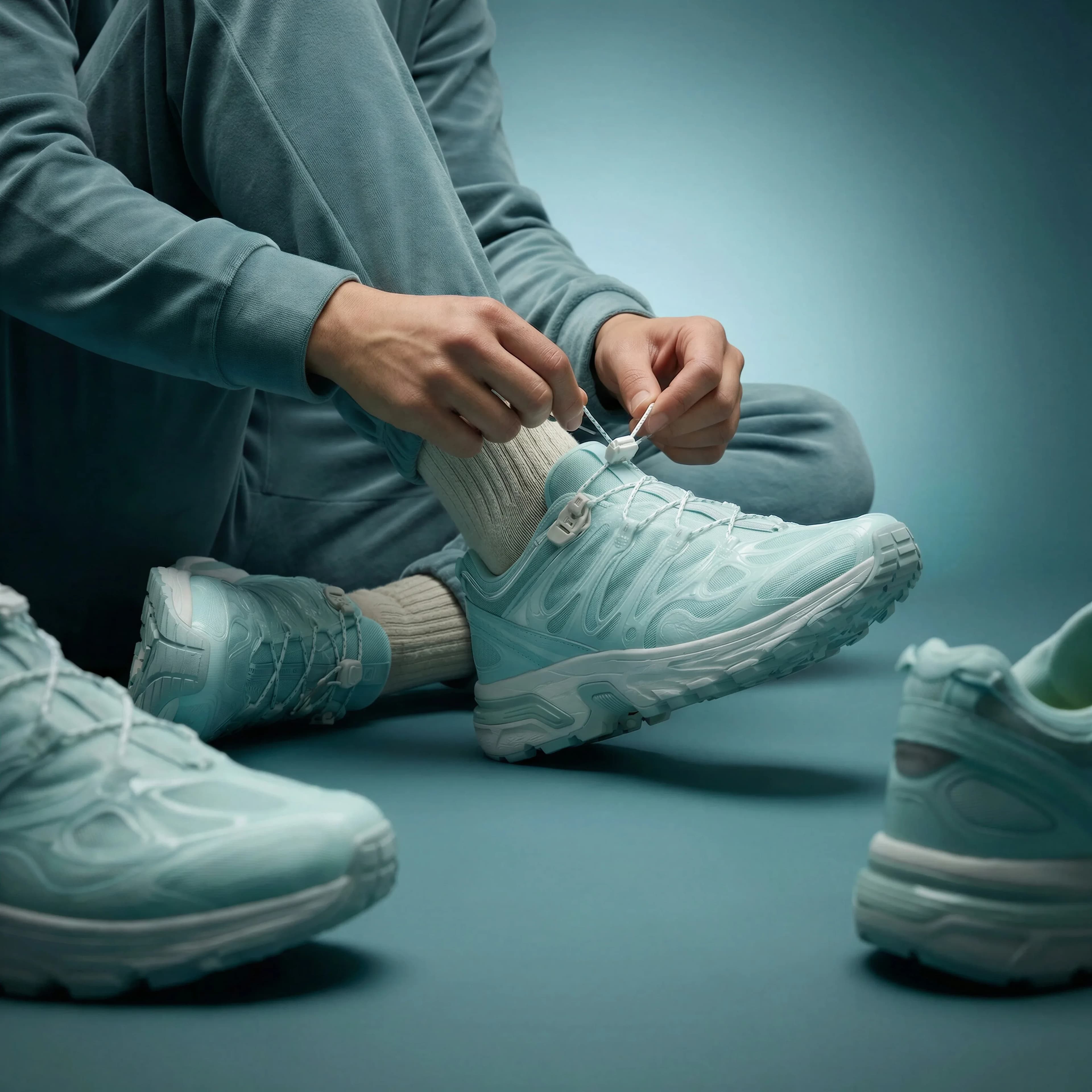 A person tying a shoe in a polished campaign image.