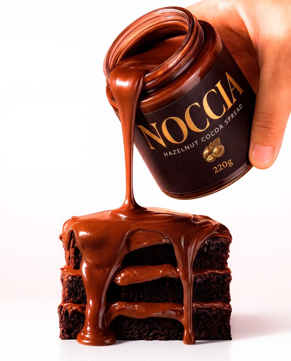 NOCCIA jar pouring cocoa-hazelnut spread over a brownie stack