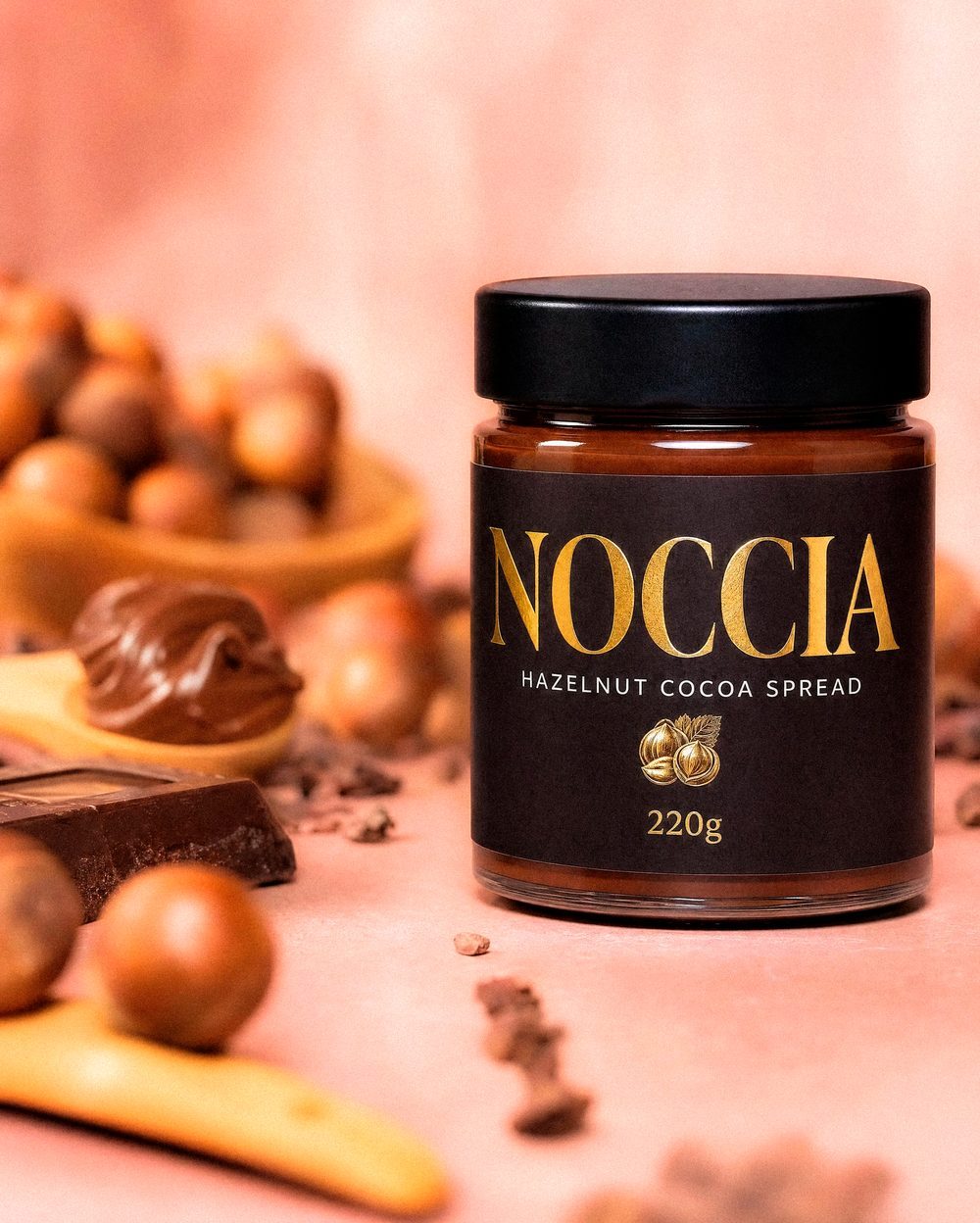 NOCCIA hero jar surrounded by softly blurred hazelnuts and chocolate