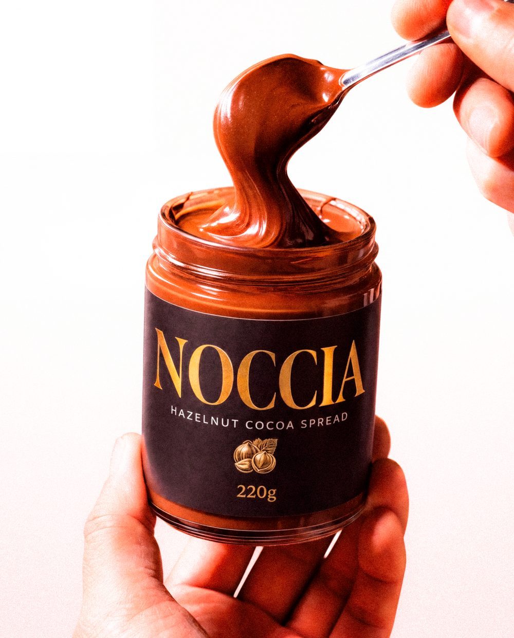 Spoon lifting glossy cocoa-hazelnut spread from an open NOCCIA jar