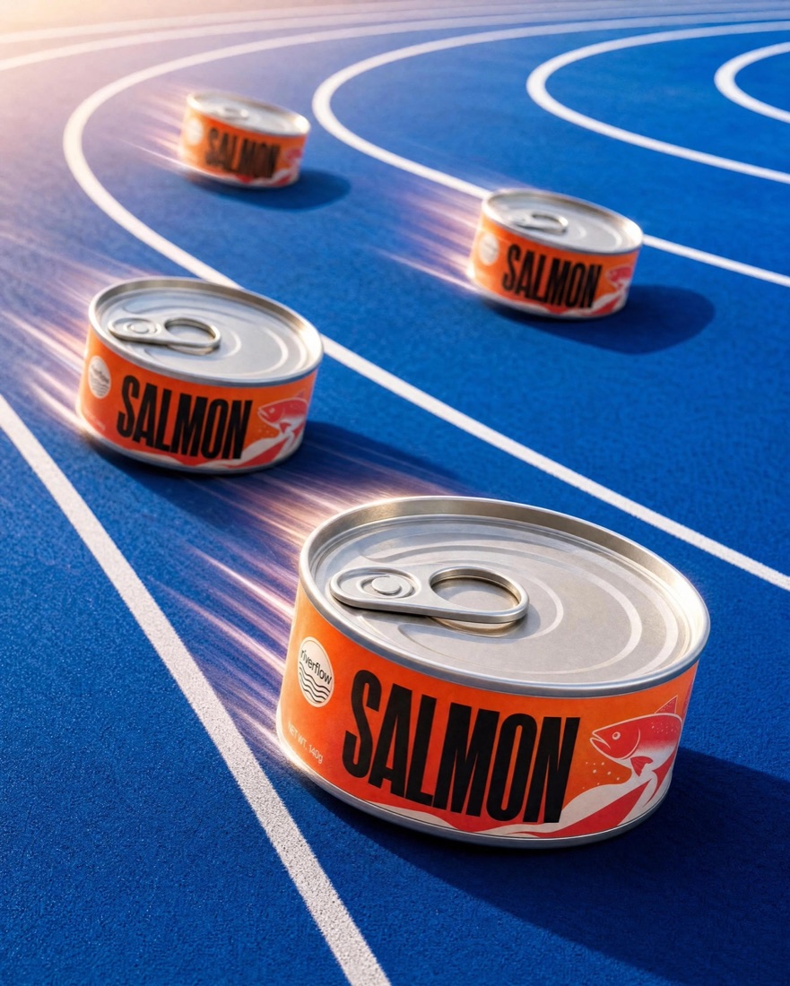 Salmon tins racing in separate lanes on a blue athletics track