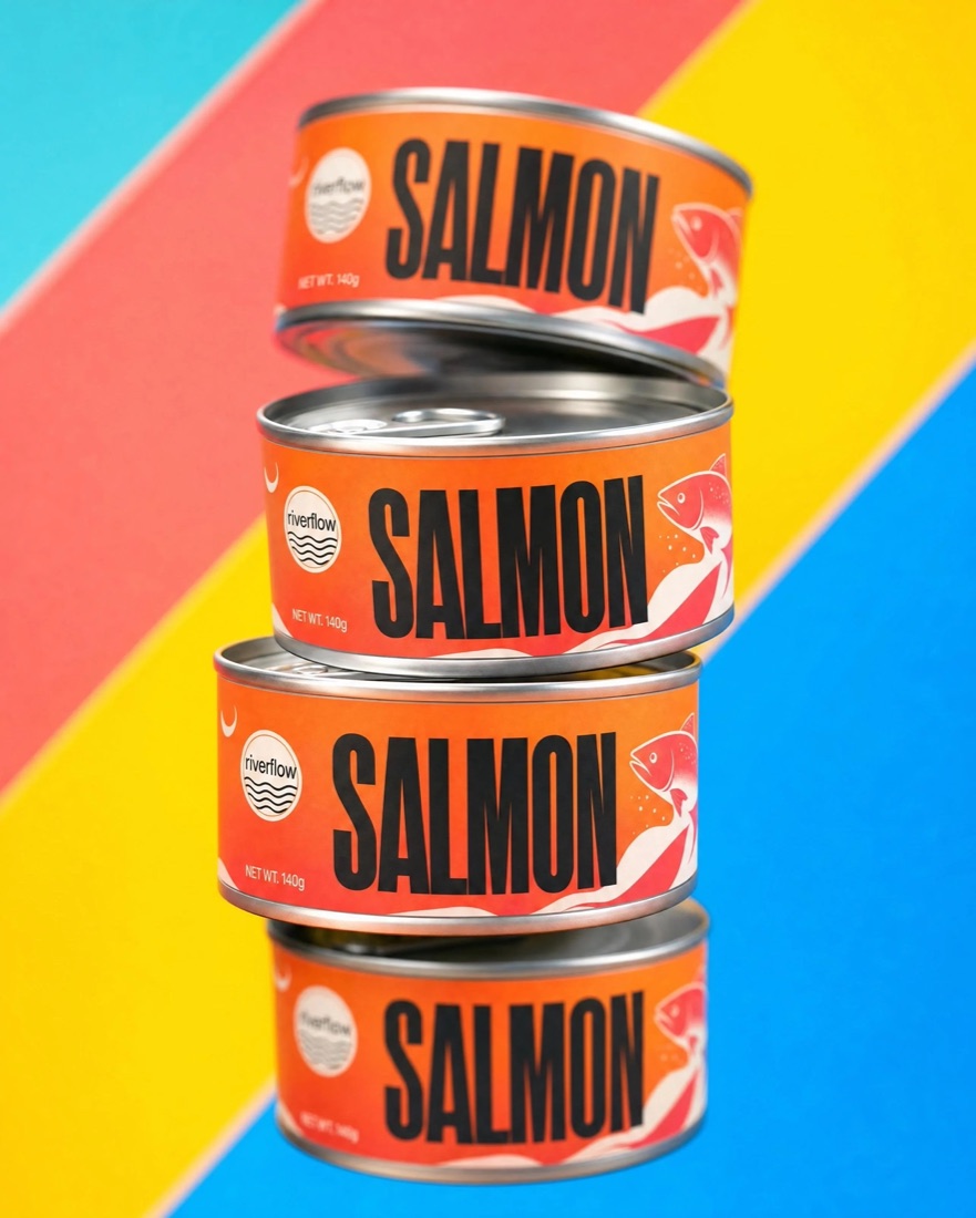 Four salmon tins stacked against diagonal color bands