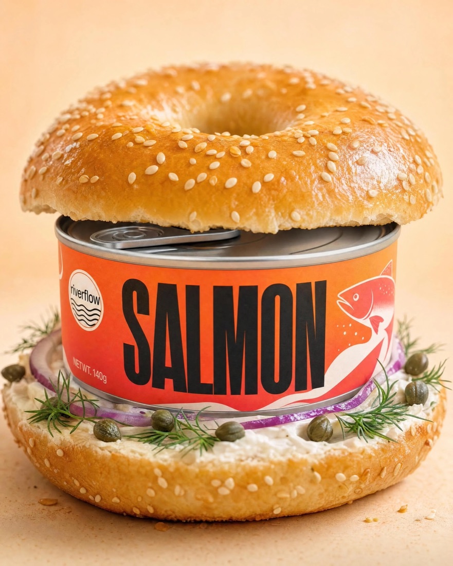 Salmon tin used as the filling in a lox-style bagel