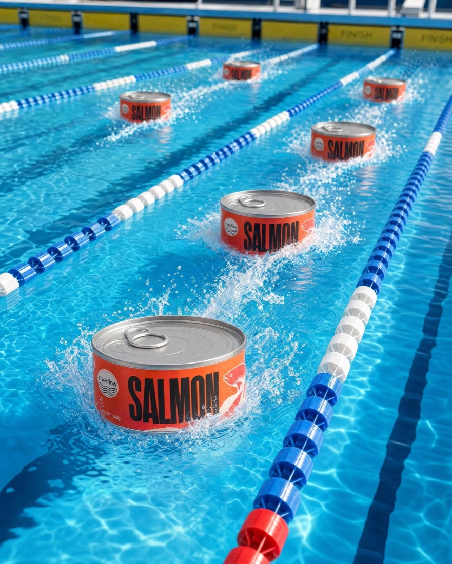 Salmon tins swimming in separate lanes of an Olympic pool