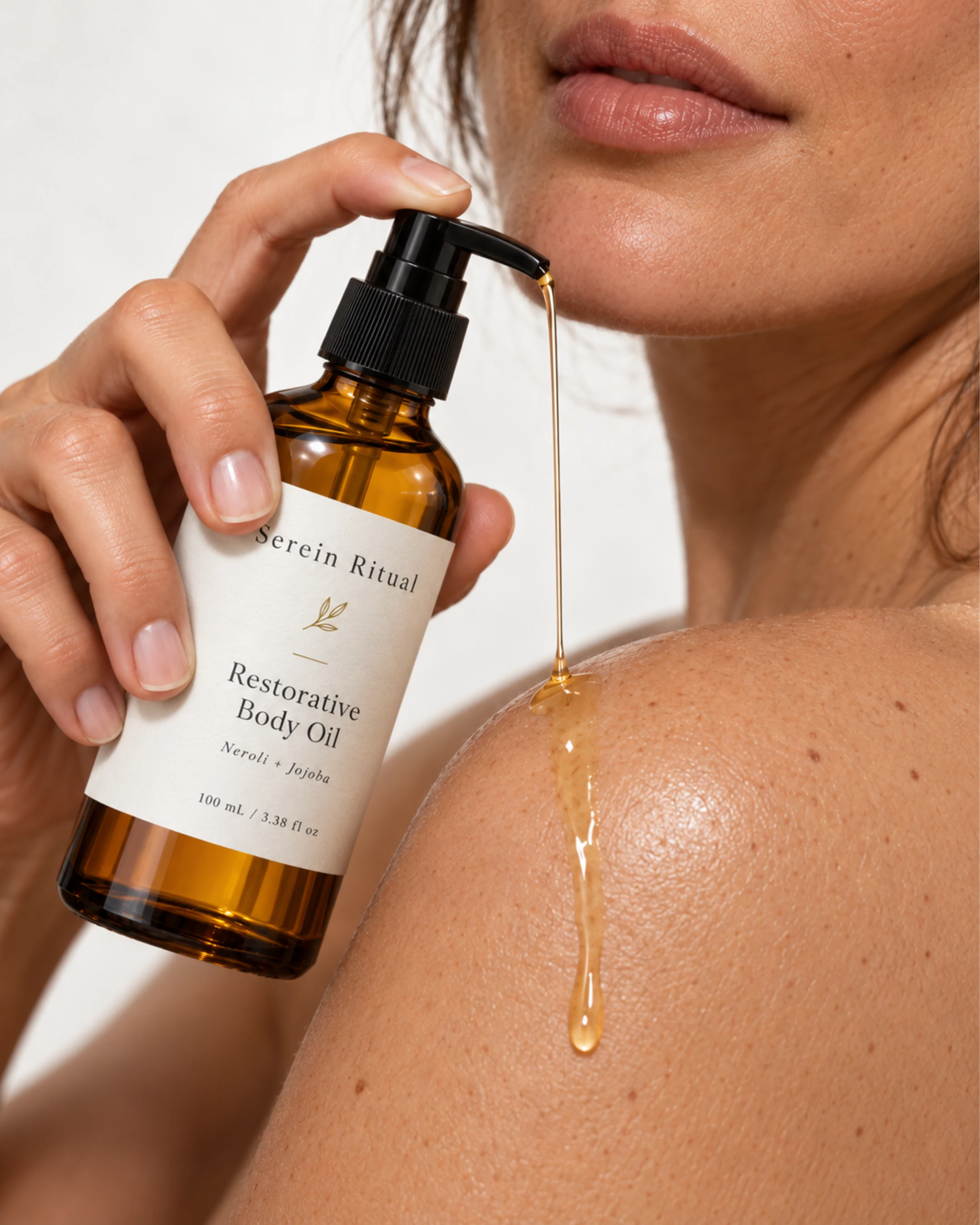 Model applying restorative body oil from an amber pump bottle