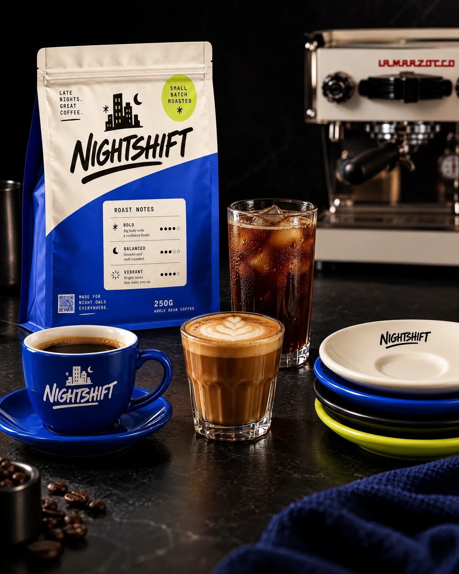 Nightshift coffee pouches and cups beside an espresso machine
