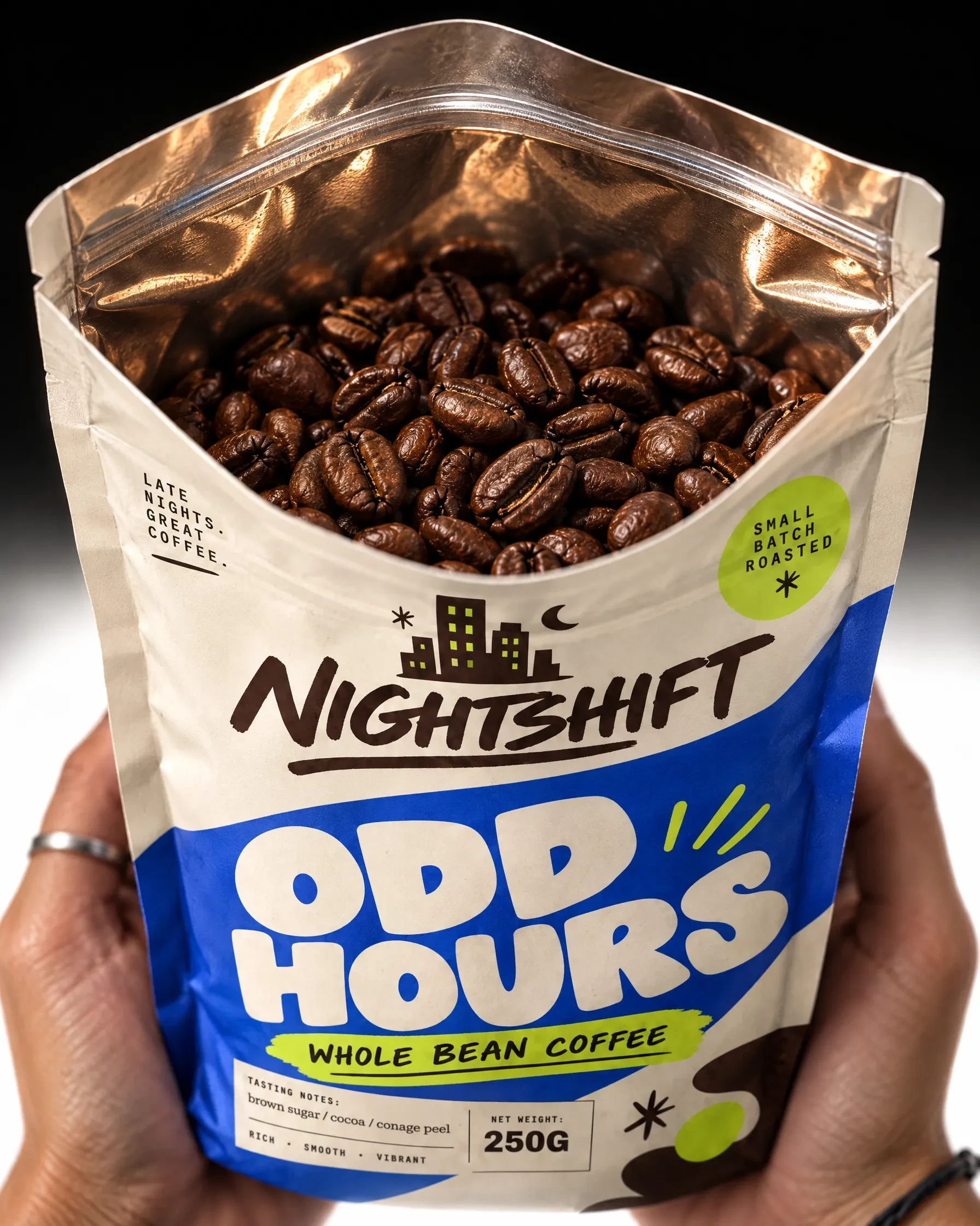 Open Nightshift Odd Hours pouch filled with whole coffee beans