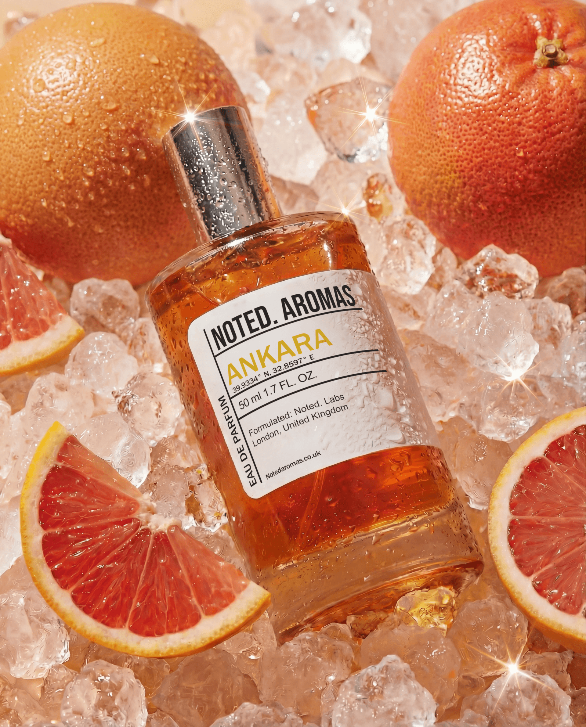 Noted. Aromas Anikara fragrance bottle surrounded by grapefruit and ice