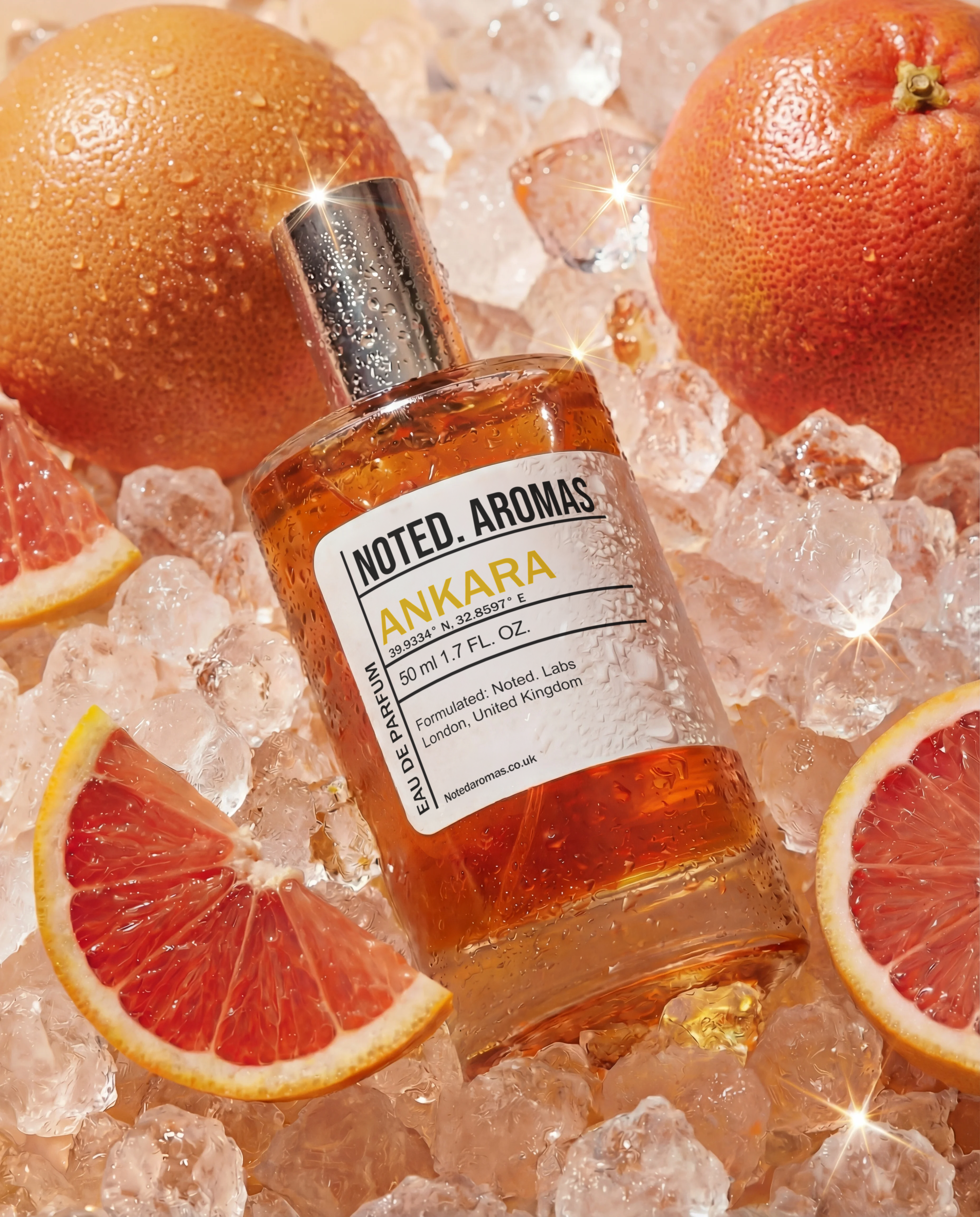 Noted. Aromas Anikara fragrance bottle surrounded by grapefruit and ice