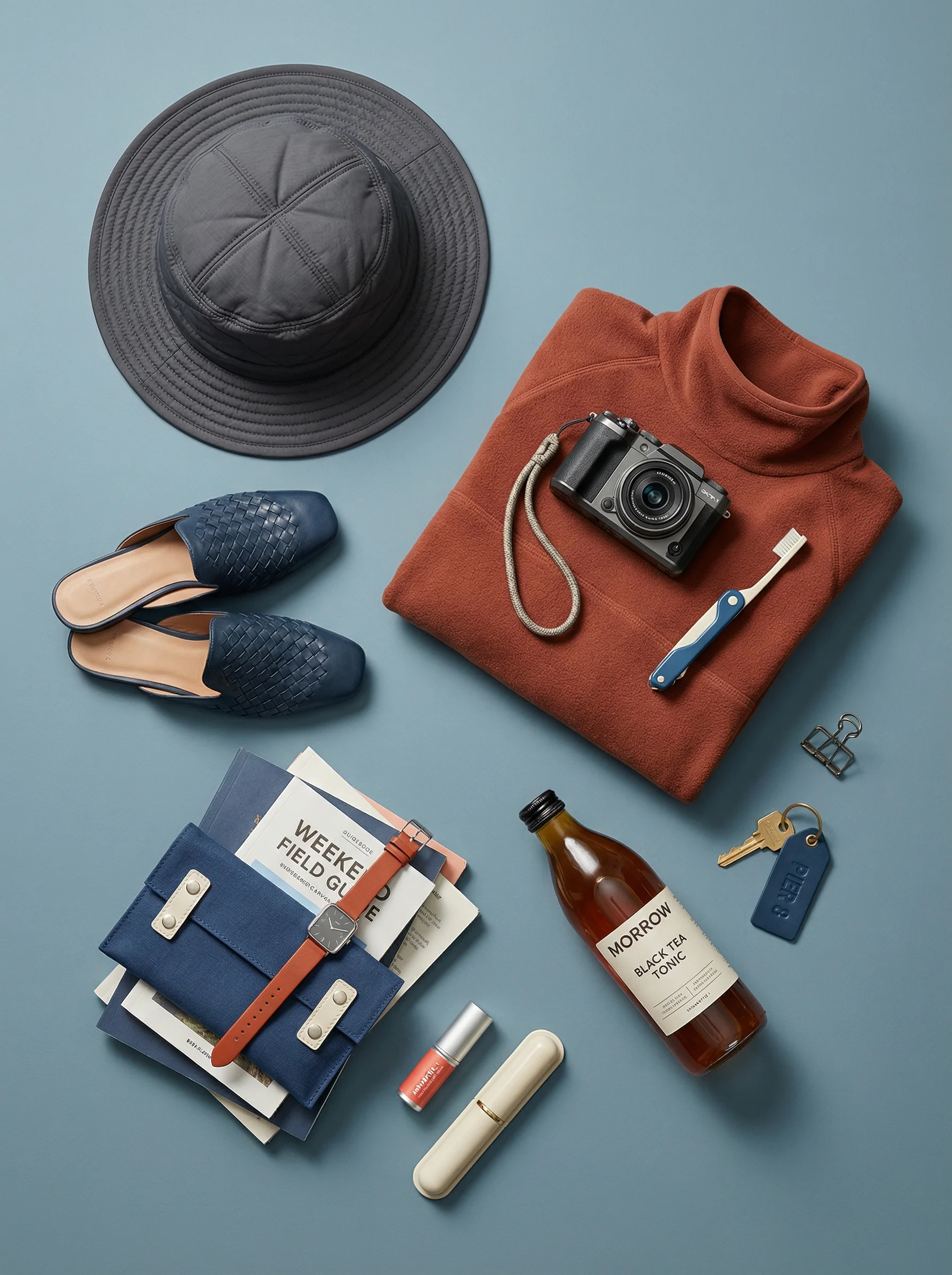 Travel Essentials Flatlay scene example for Apparel Product Photography Ideas