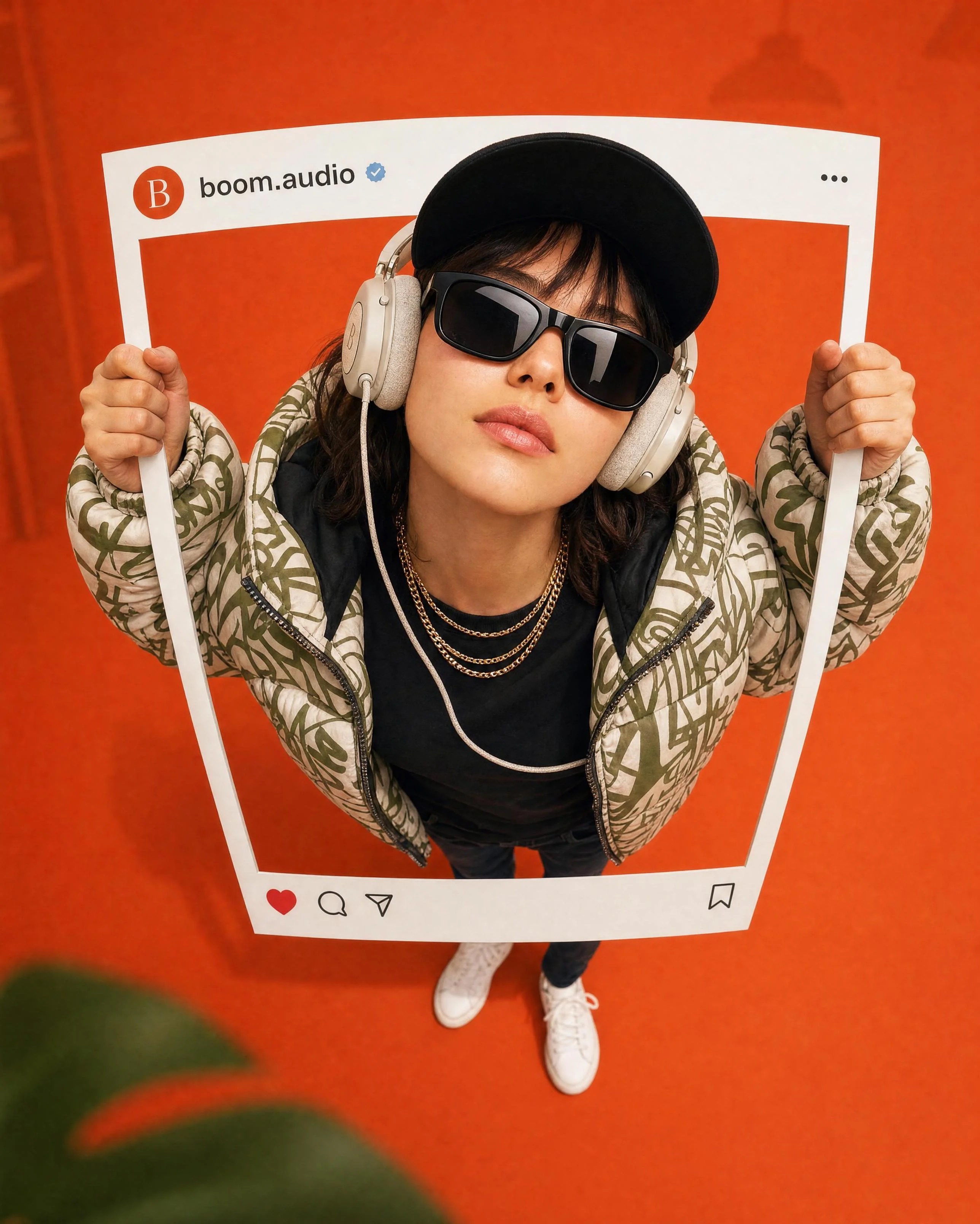 Woman wearing BOOM headphones and holding an oversized social-media frame
