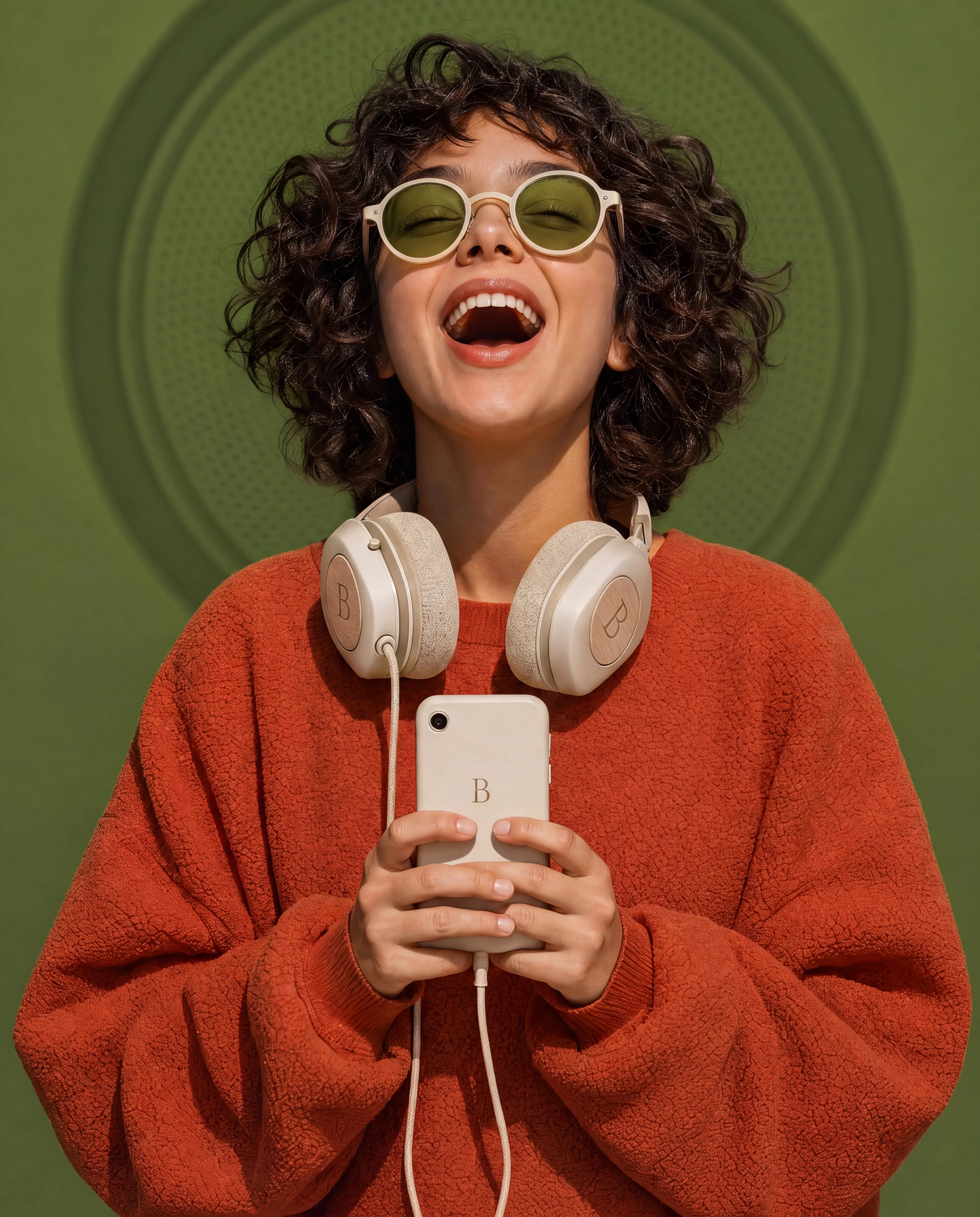 Woman laughing against a moss-green background with BOOM headphones around her neck