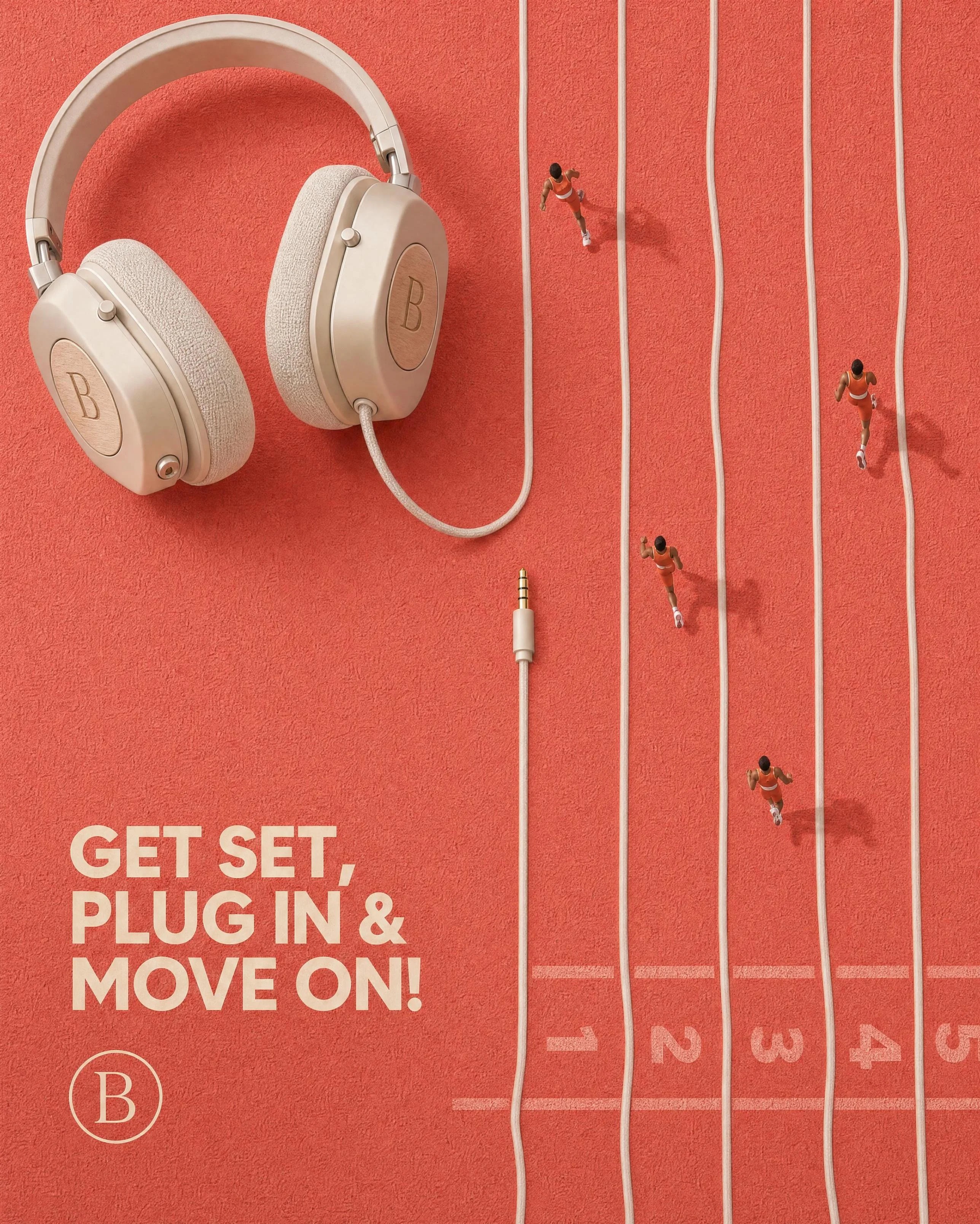 Cream BOOM headphones above coral running-track lanes with miniature runners