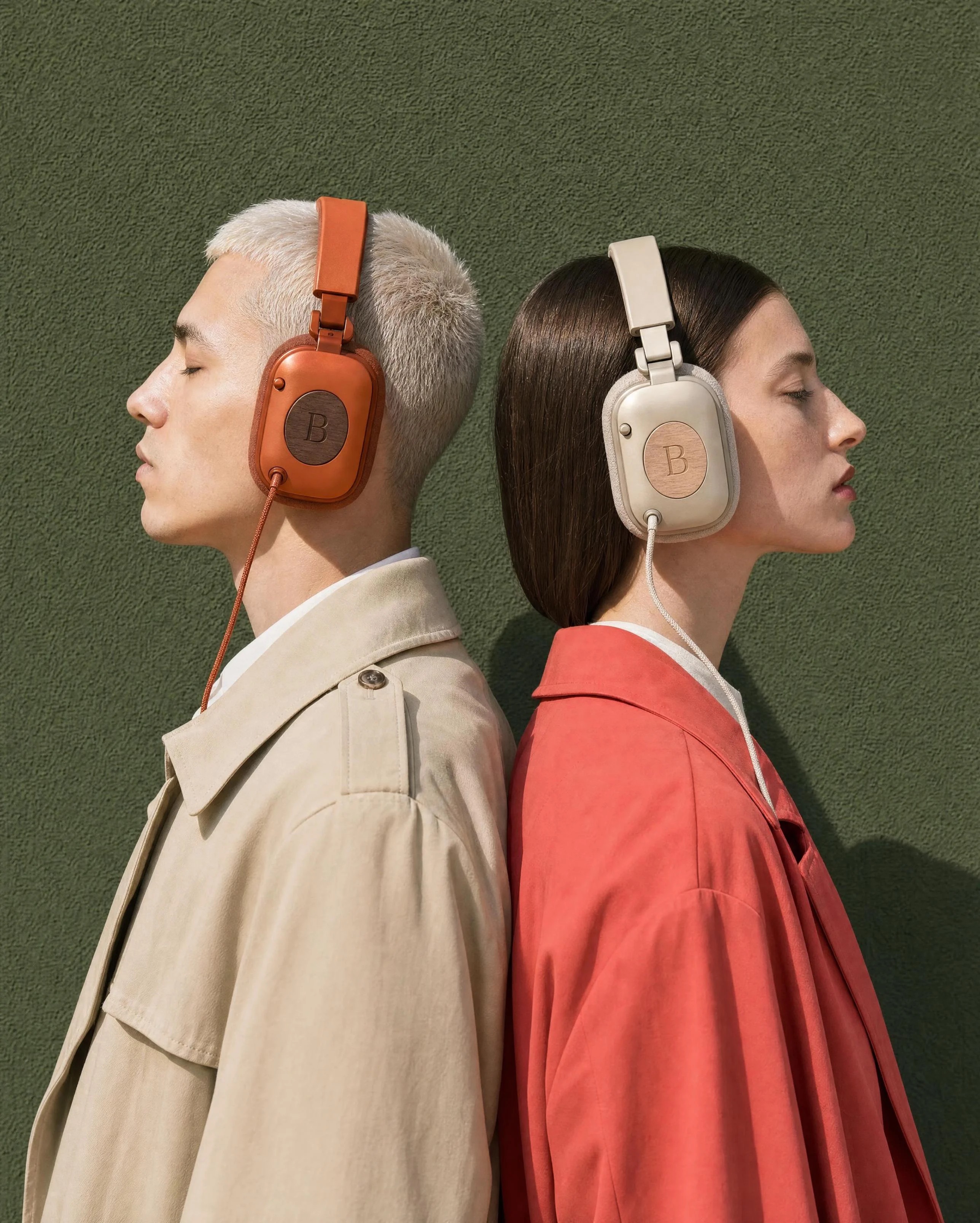 Two people in profile wearing BOOM headphones against a moss-green wall