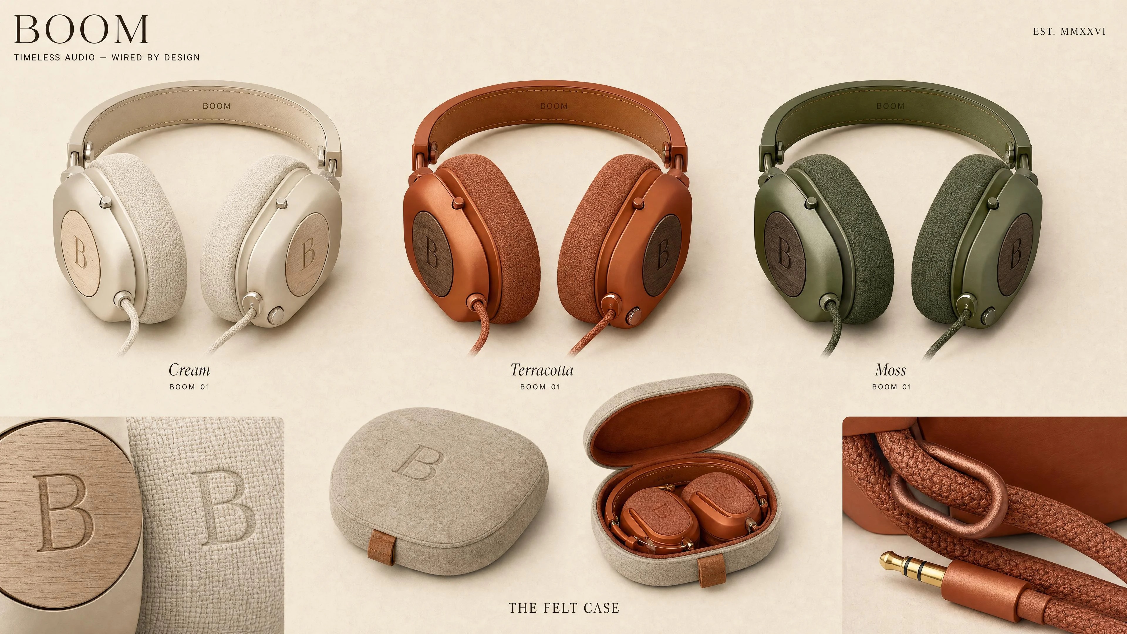 BOOM wired headphones product sheet with three colourways, cases, and detail views