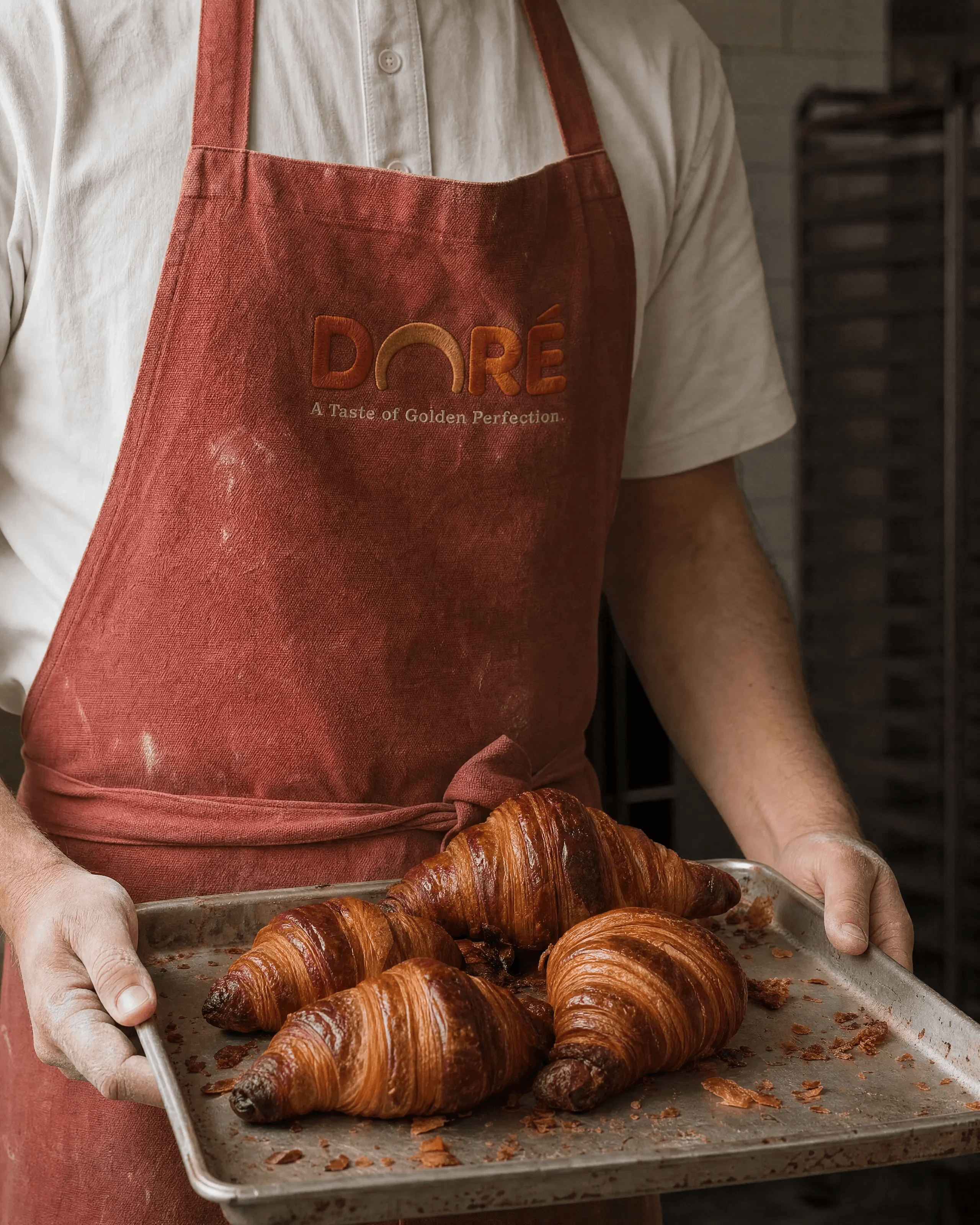 DORÉ: The Tray — Cover — embroidered apron, a sheet pan straight out of the oven