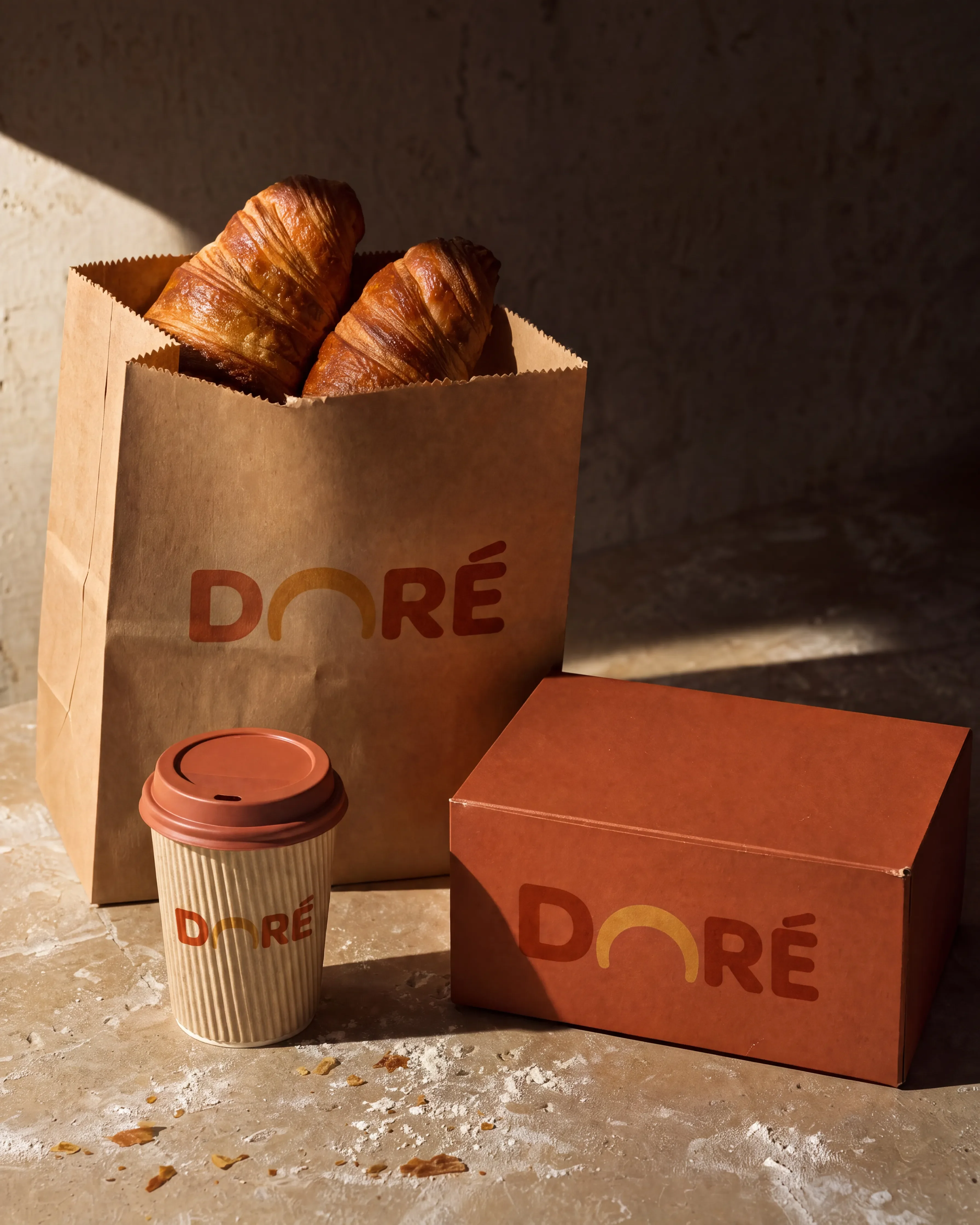 DORÉ: The Essentials — Bag, box and cup — the full packaging system, wordmark only