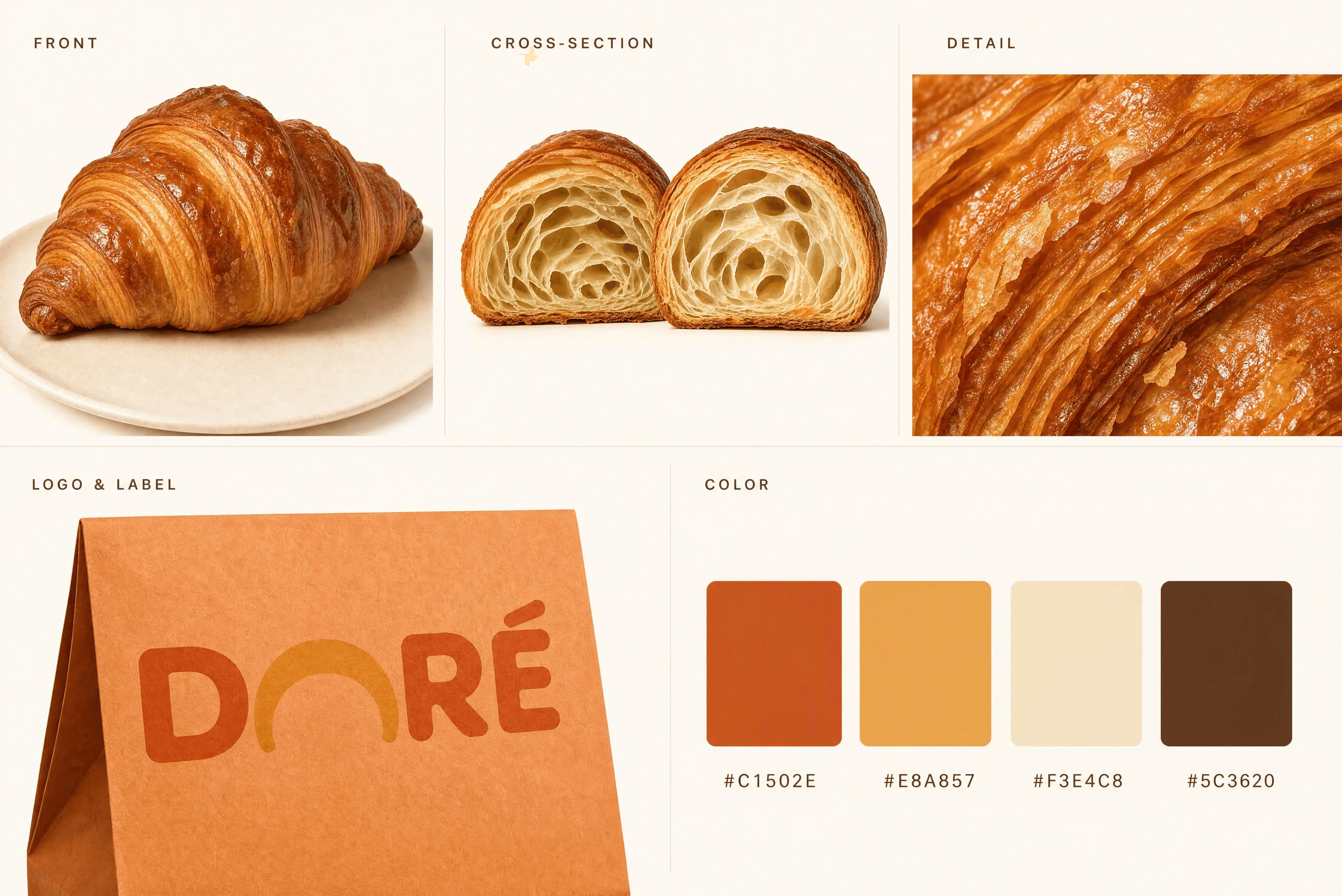 DORÉ: Product Reference Sheet — Front / Cross-section / Detail / Logo & Label + Color