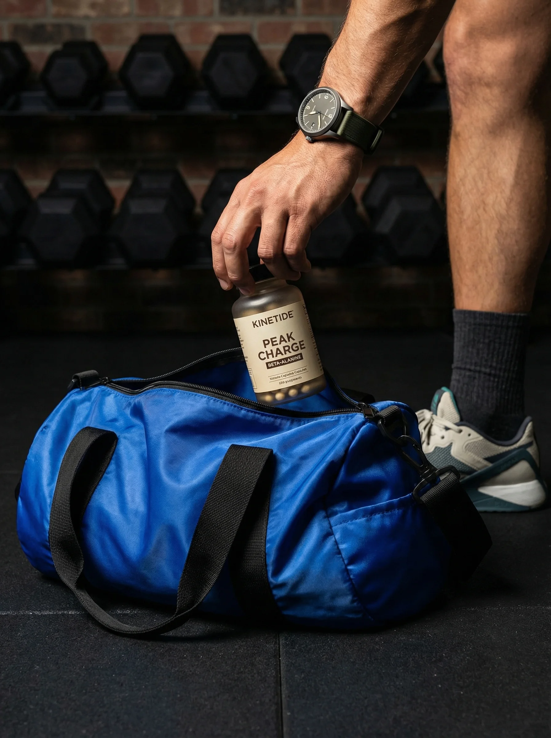 Gym Bag Supplement Drop scene example for Ecommerce Ad Creative Examples for Product Campaigns