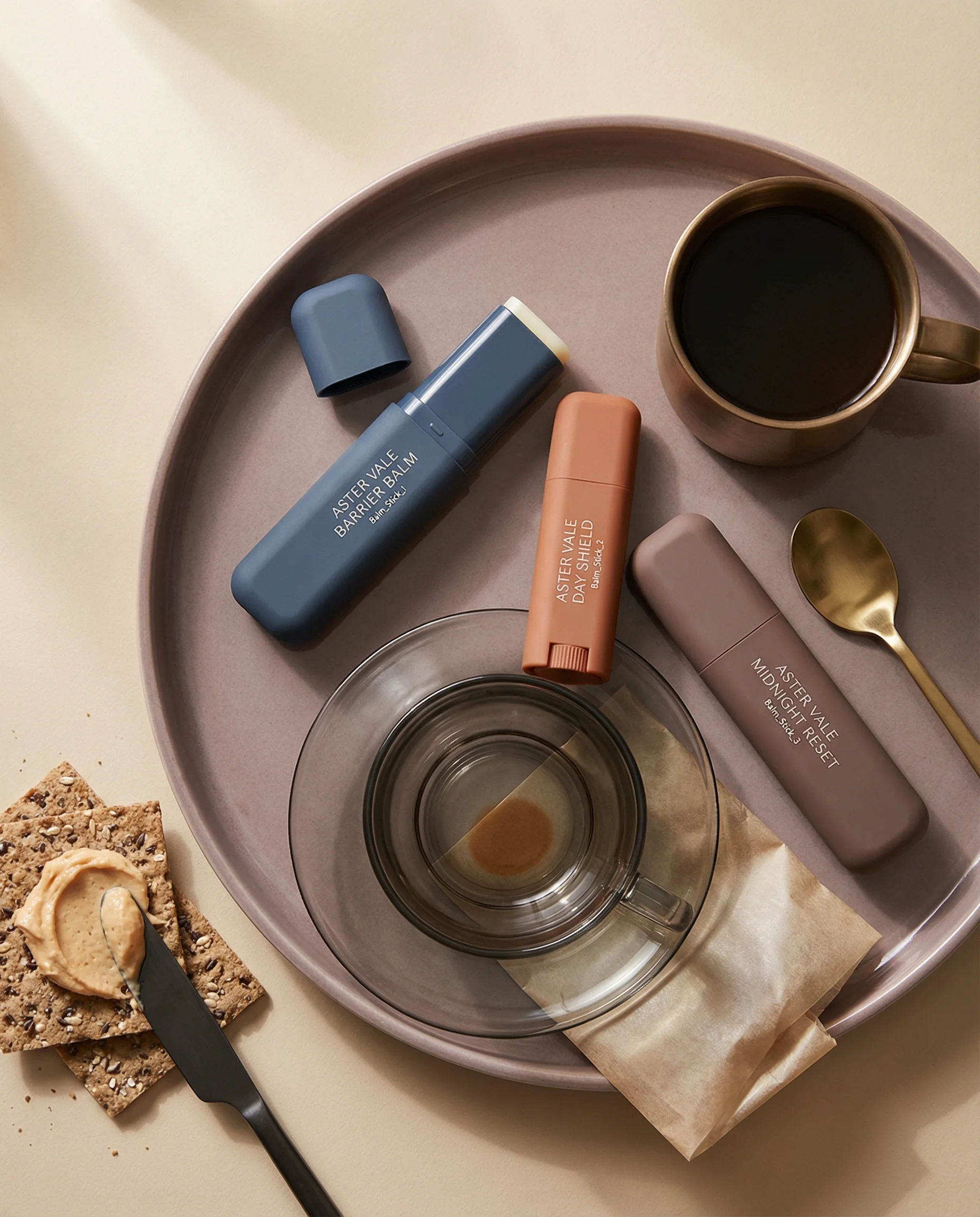 Editorial Balm Stick Trio scene example for Ecommerce Product Photography Shot List