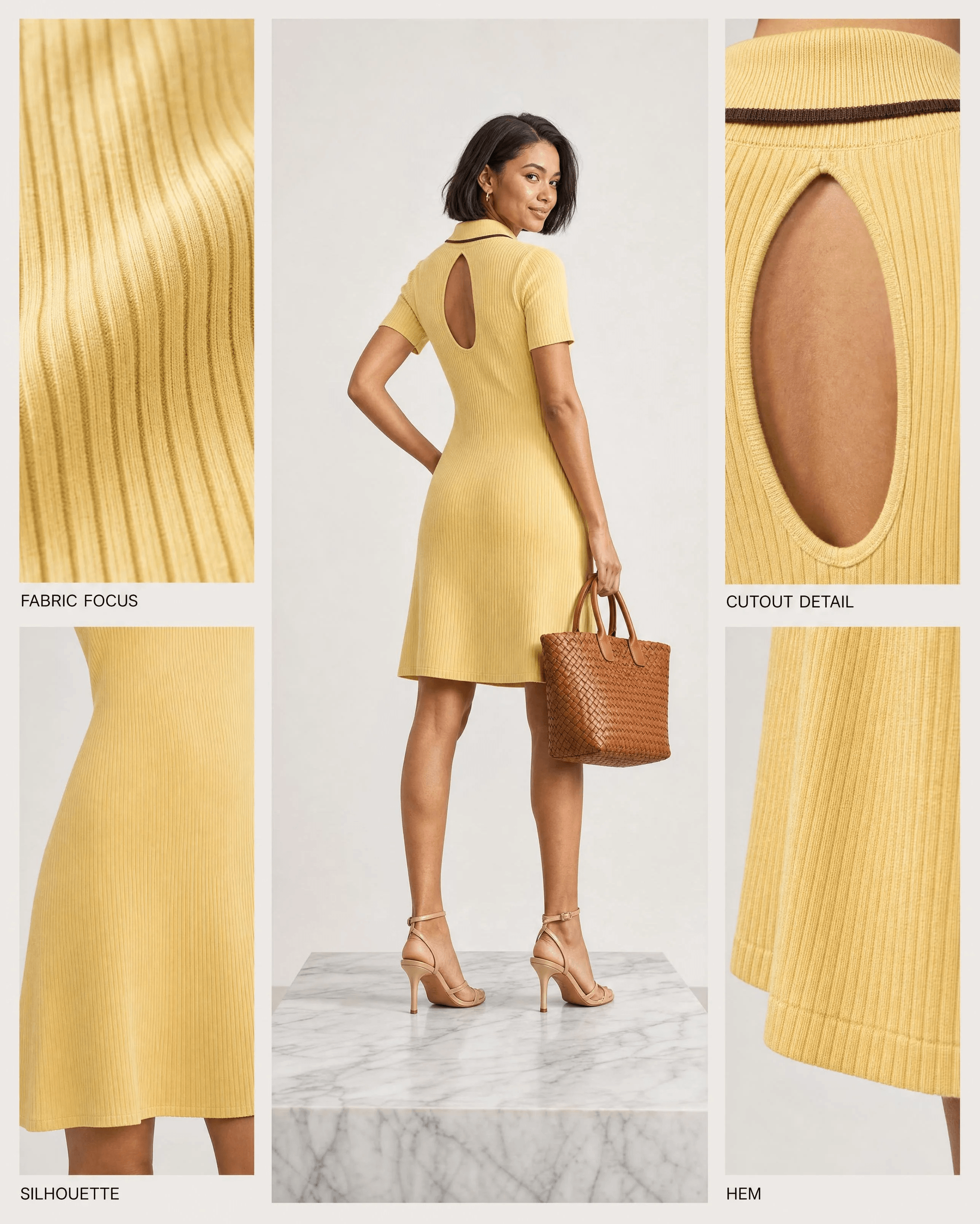 FONDA: Fabric, Cutout, Hem — One look, broken into its four signature details