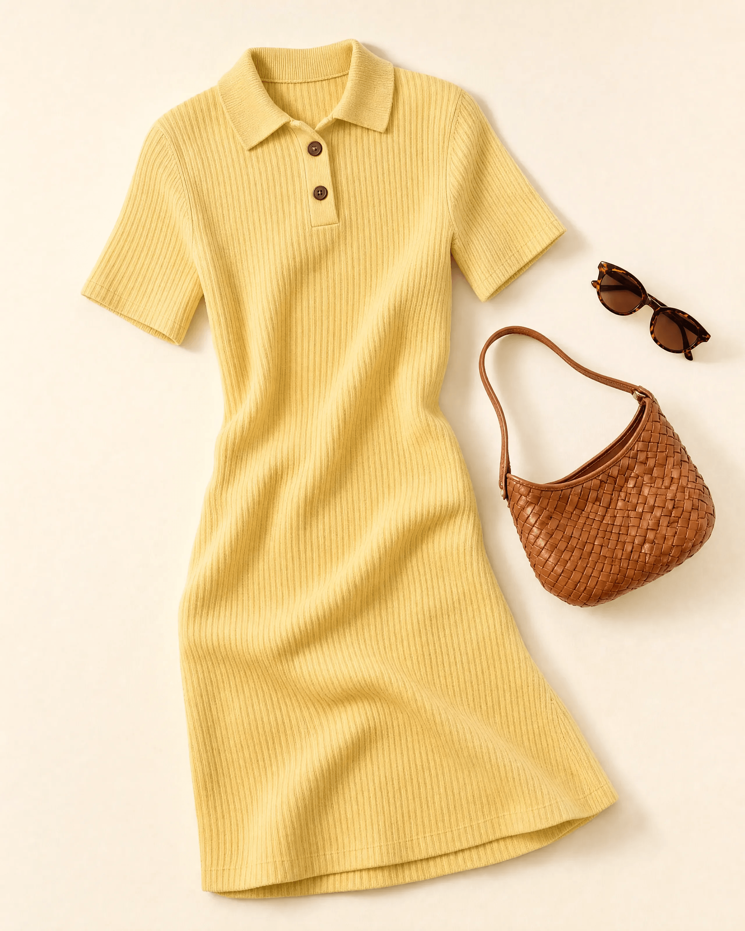 FONDA: Laid Flat — Editorial flatlay — dress & accessories as a still life
