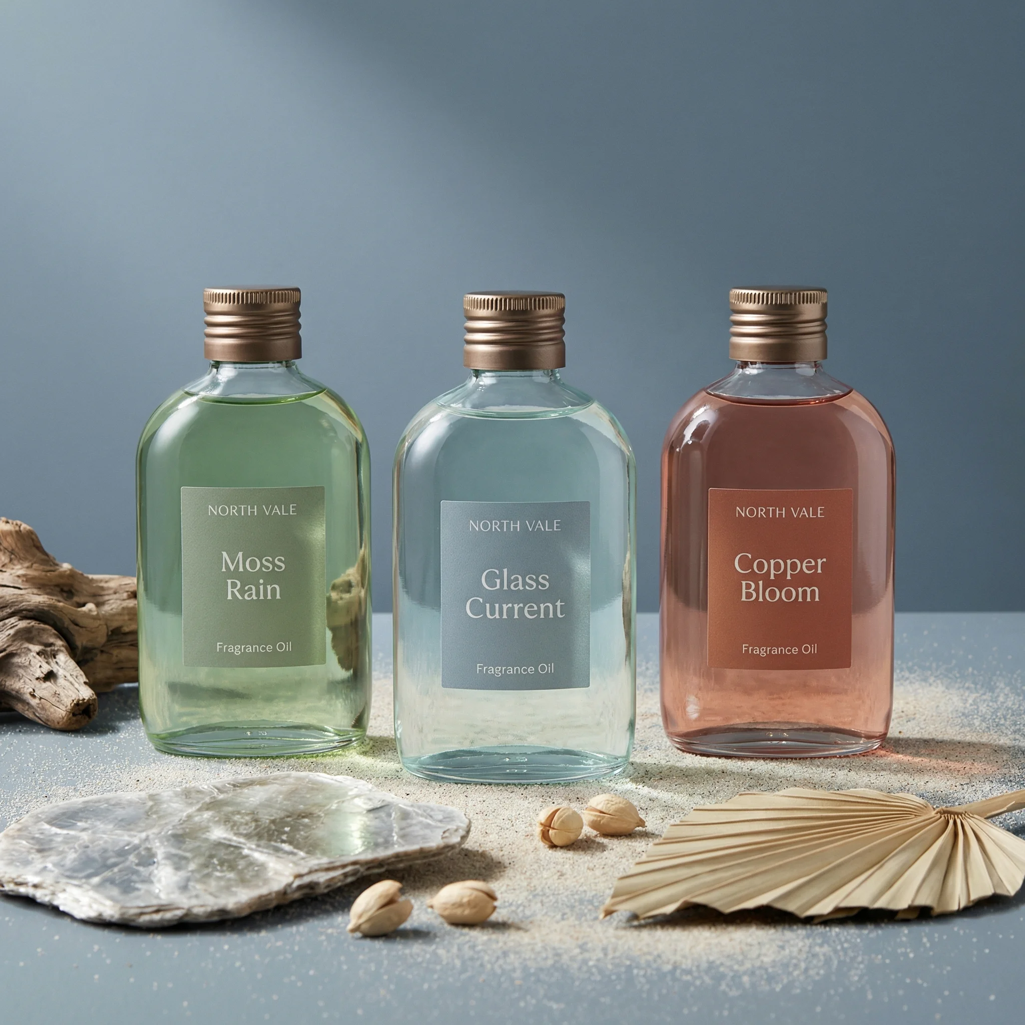 Fragrance Oil Trio scene example for Fragrance Product Photography Ideas