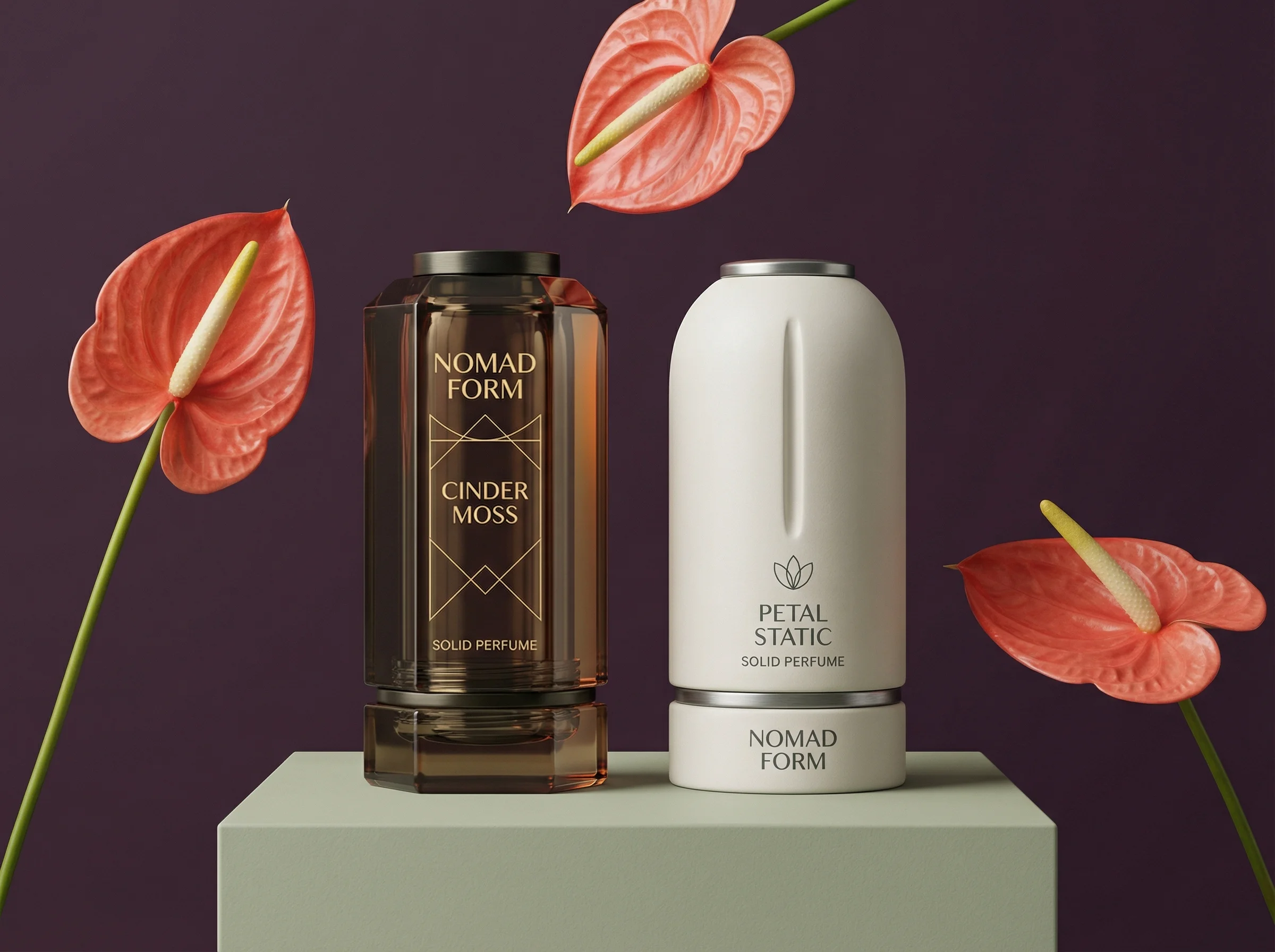 Botanical Perfume Duo scene example for Fragrance Product Photography Ideas