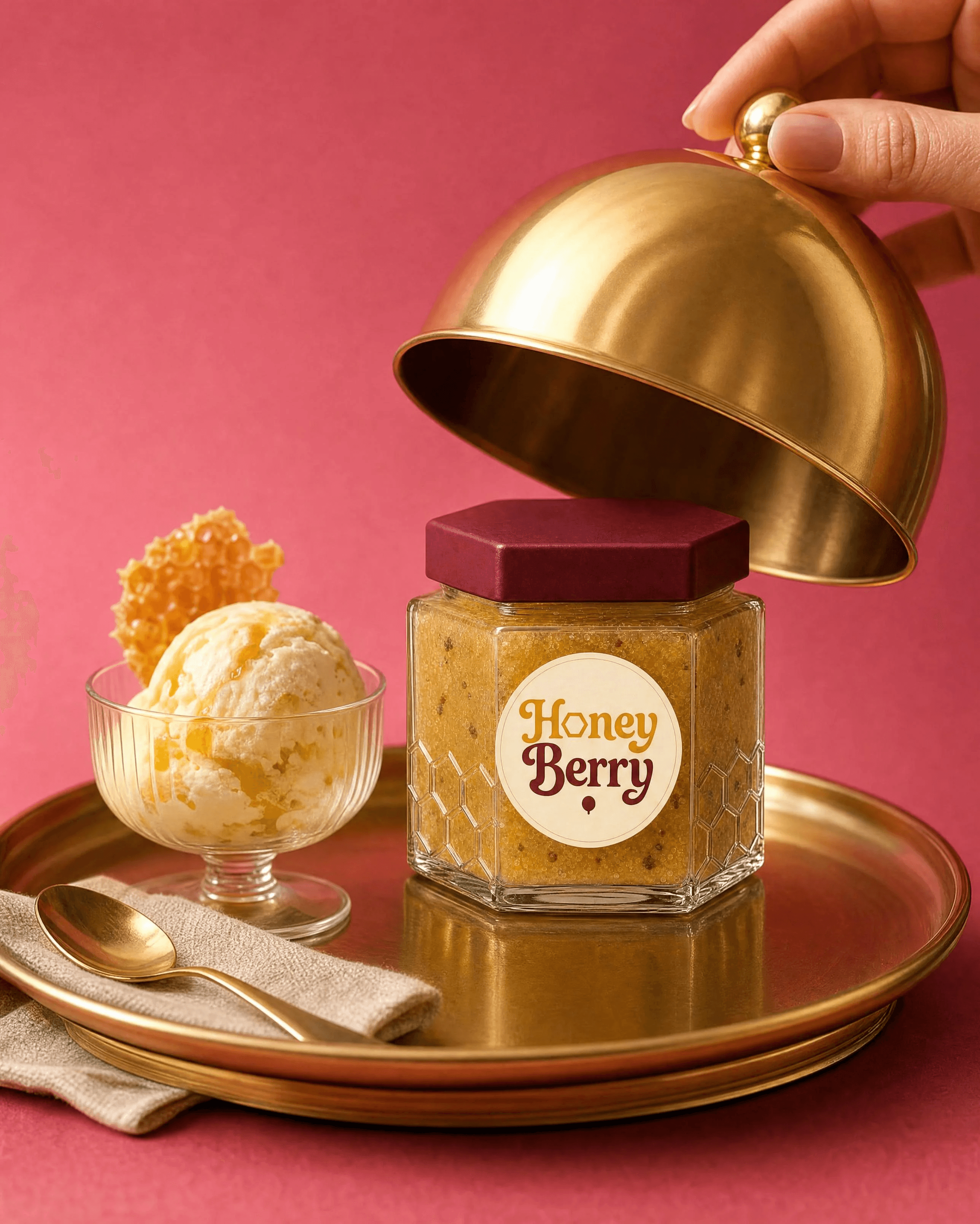 Frame 06 — The reveal — Gold cloche, honey ice cream
