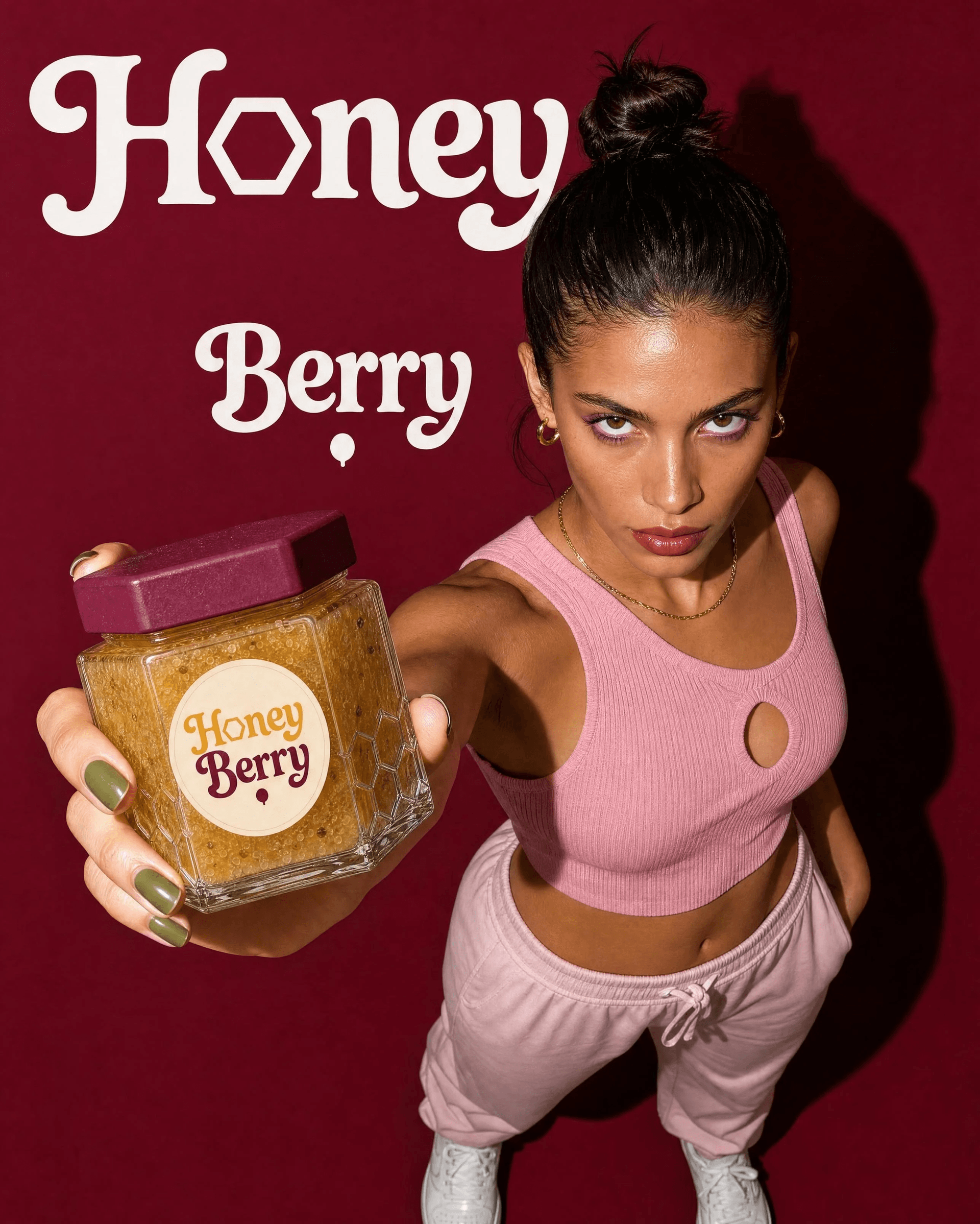 Honey Berry product hero with a large wordmark backdrop