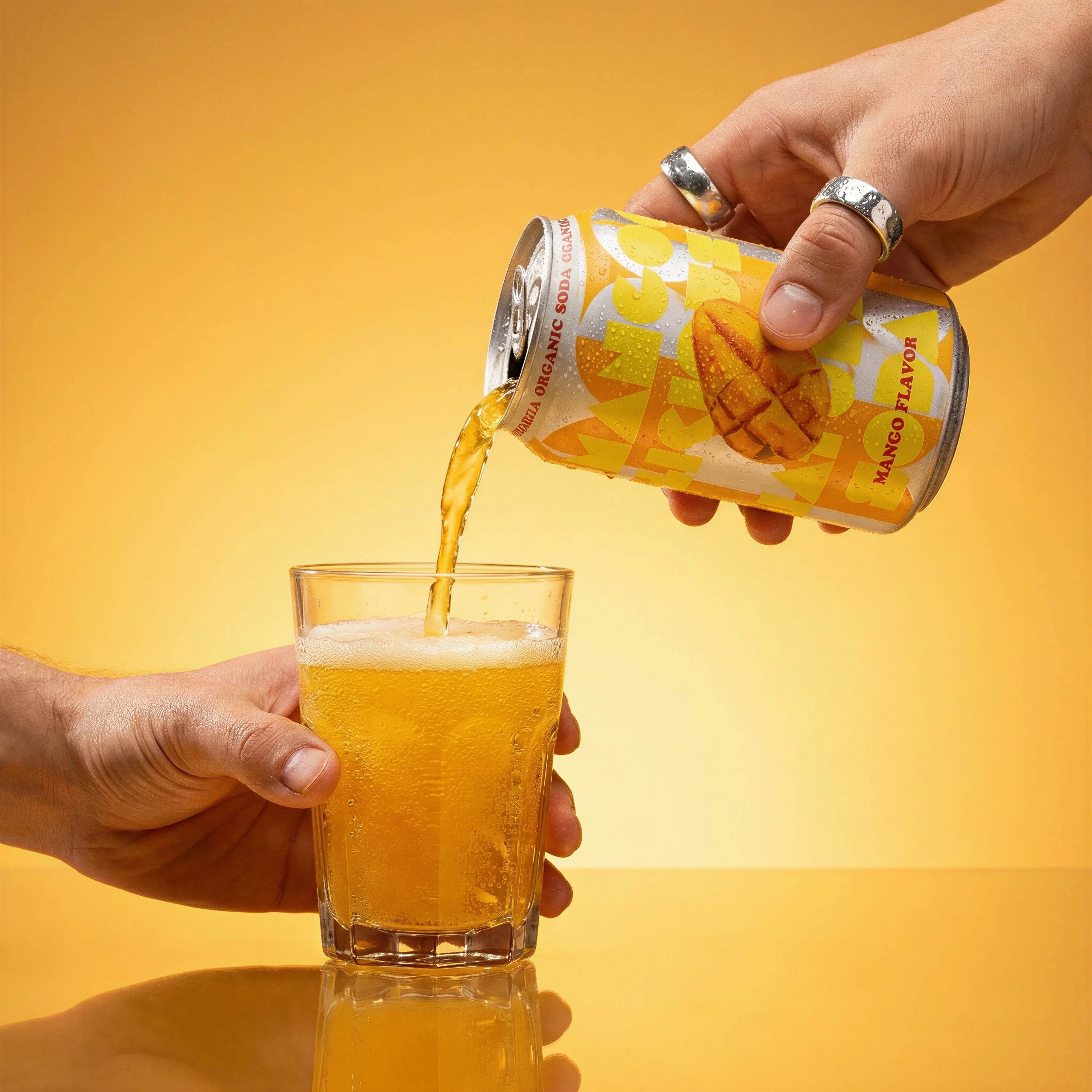 Mango Soda Pour scene example for How to Keep Products Consistent in AI Images