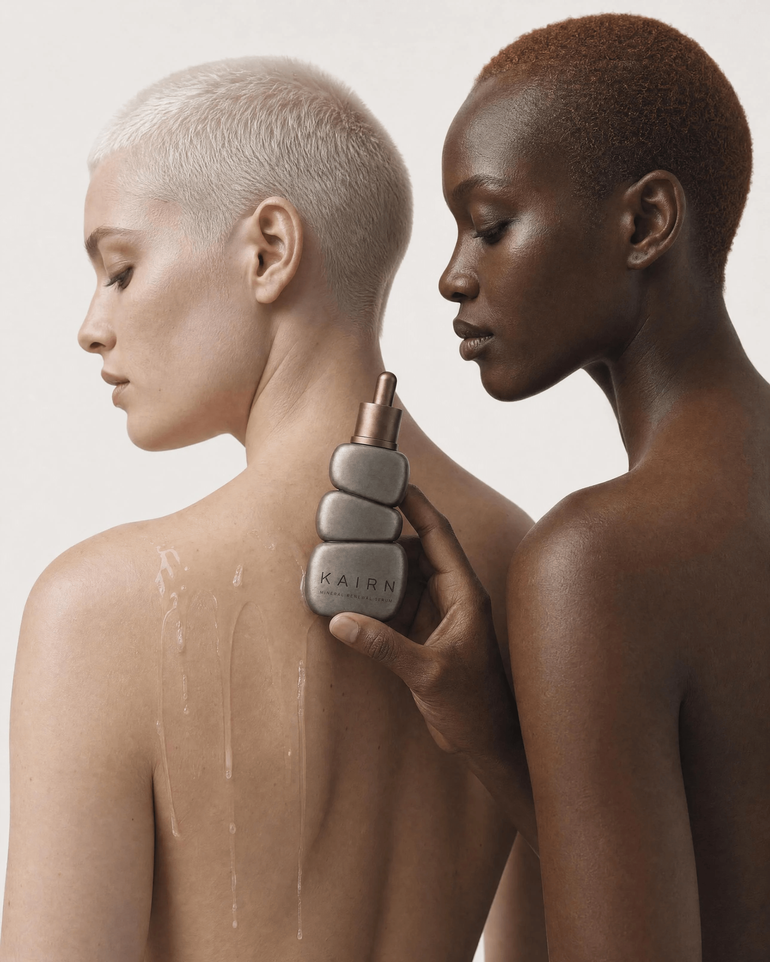 KAIRN: Passed Between Hands — Two models share one ritual, serum tracing a line down bare skin