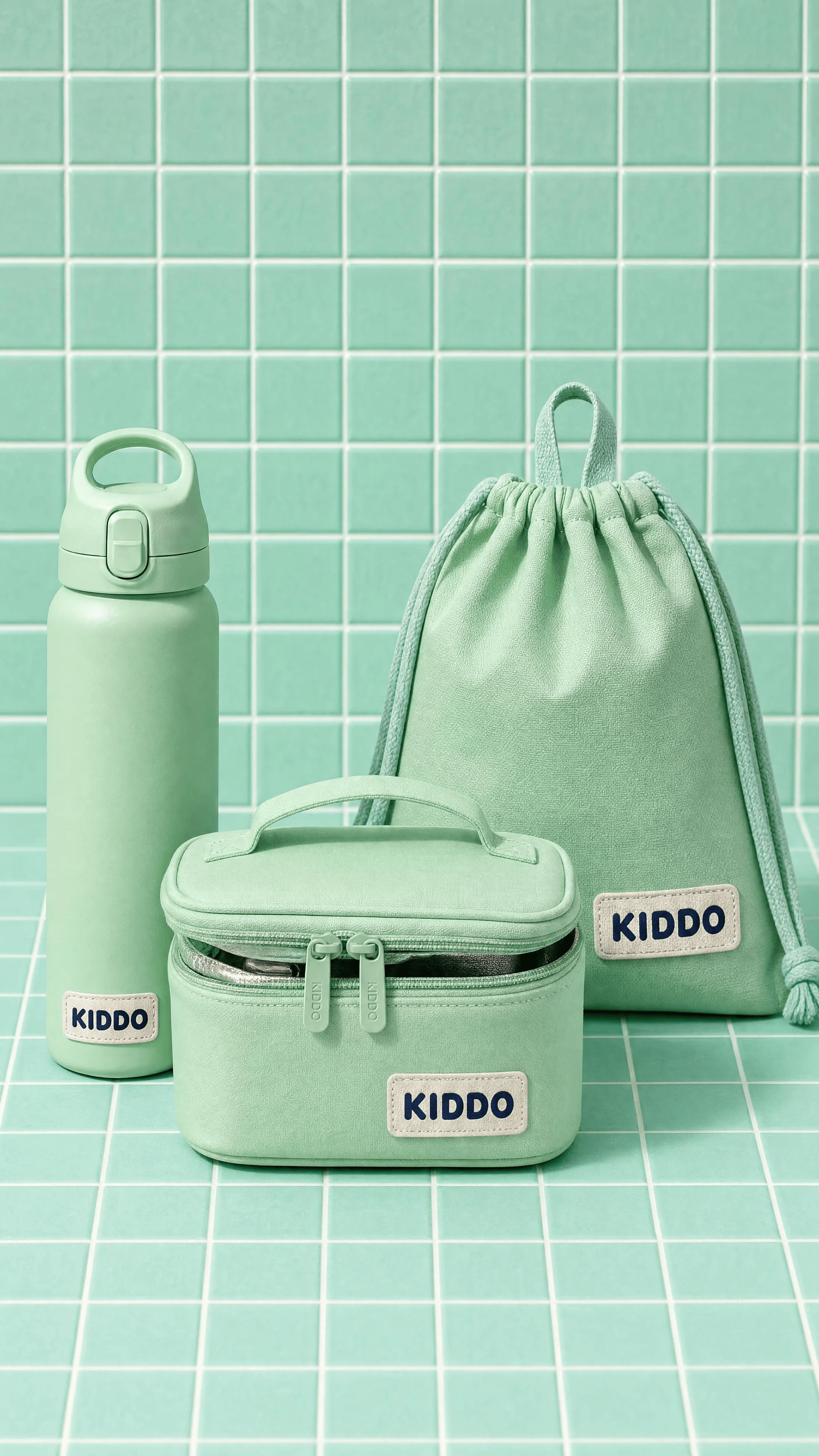 The mint bottle, lunchbox, and drawstring bag grouped on aqua-green tiles.