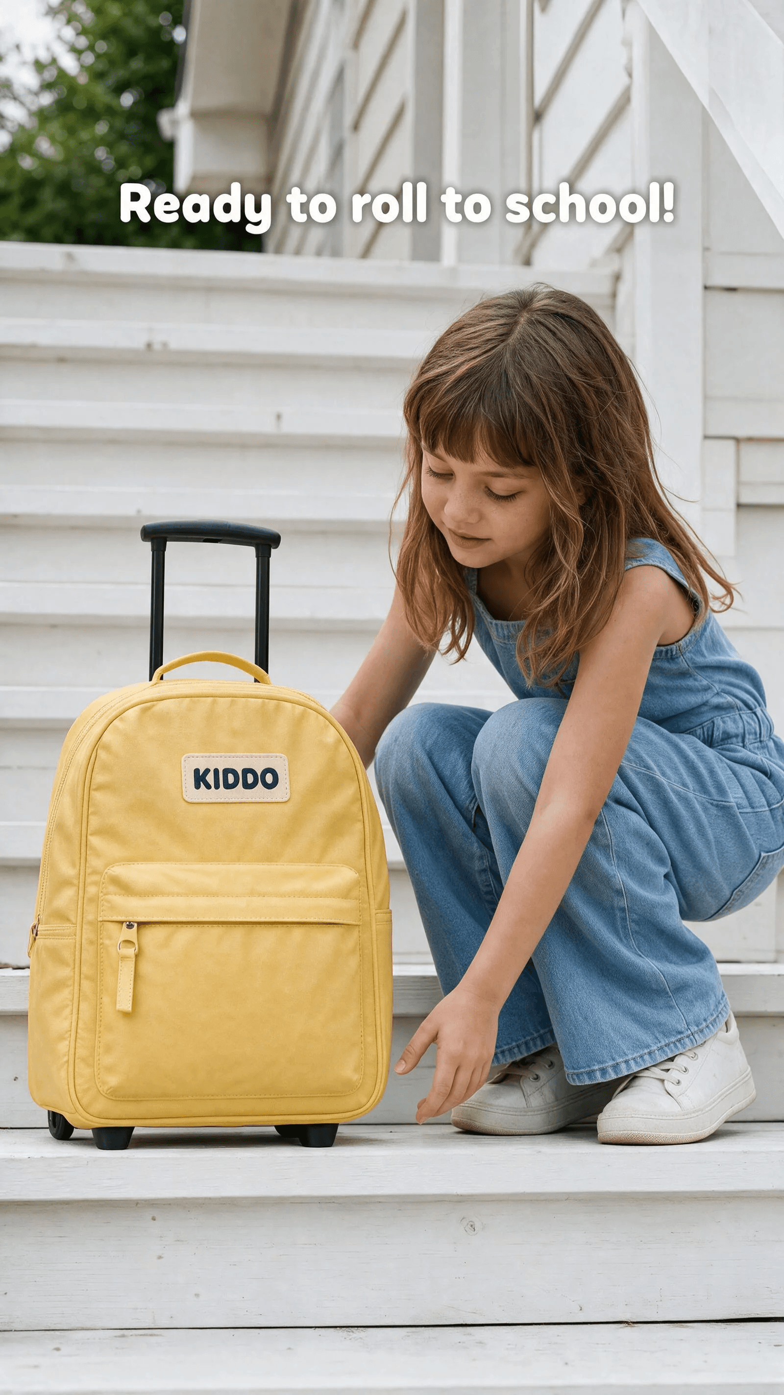A candid outdoor moment with the butter-yellow trolley backpack on white steps.