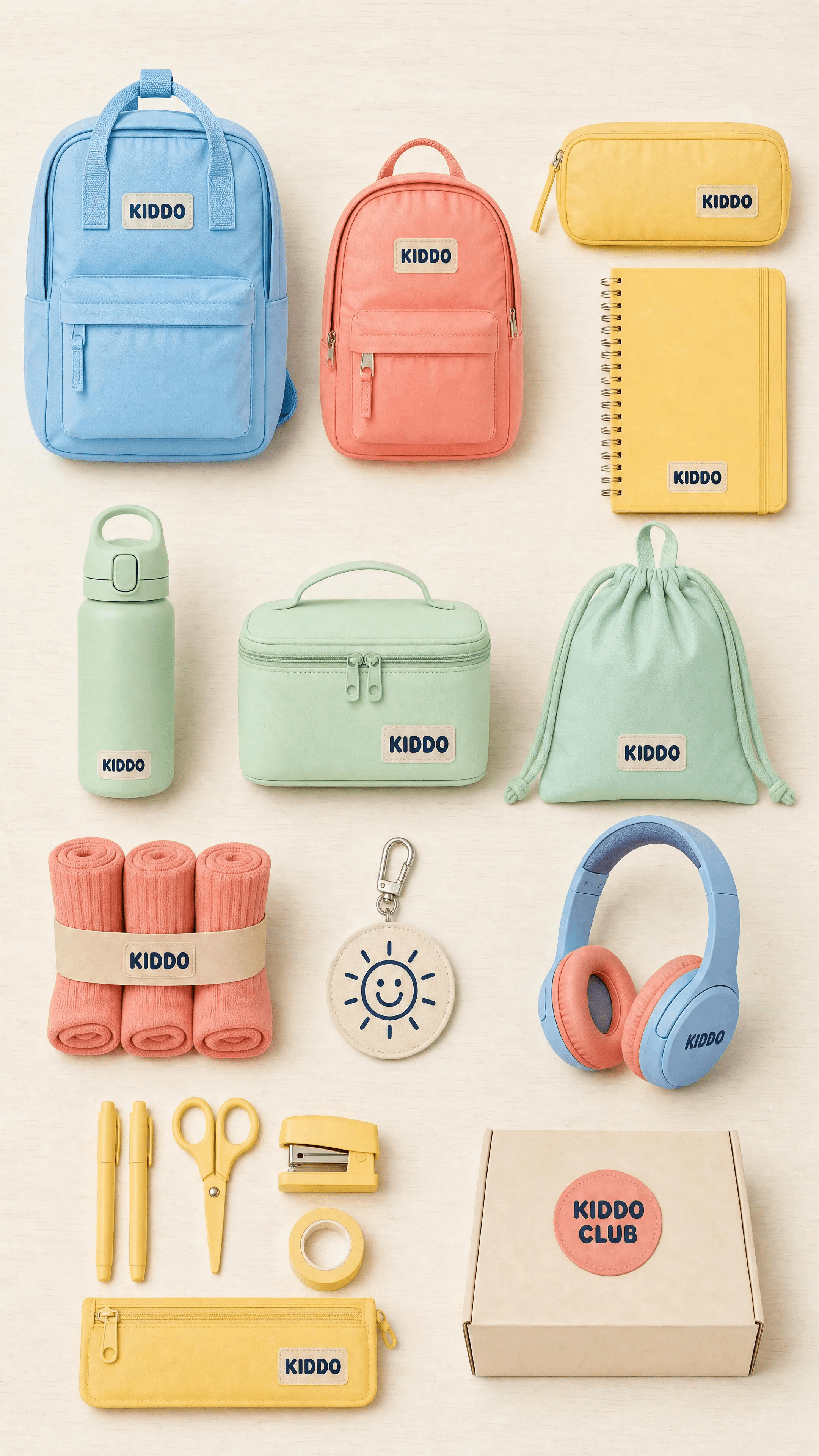 The full back-to-school range arranged with clear breathing room on a cream desk surface.