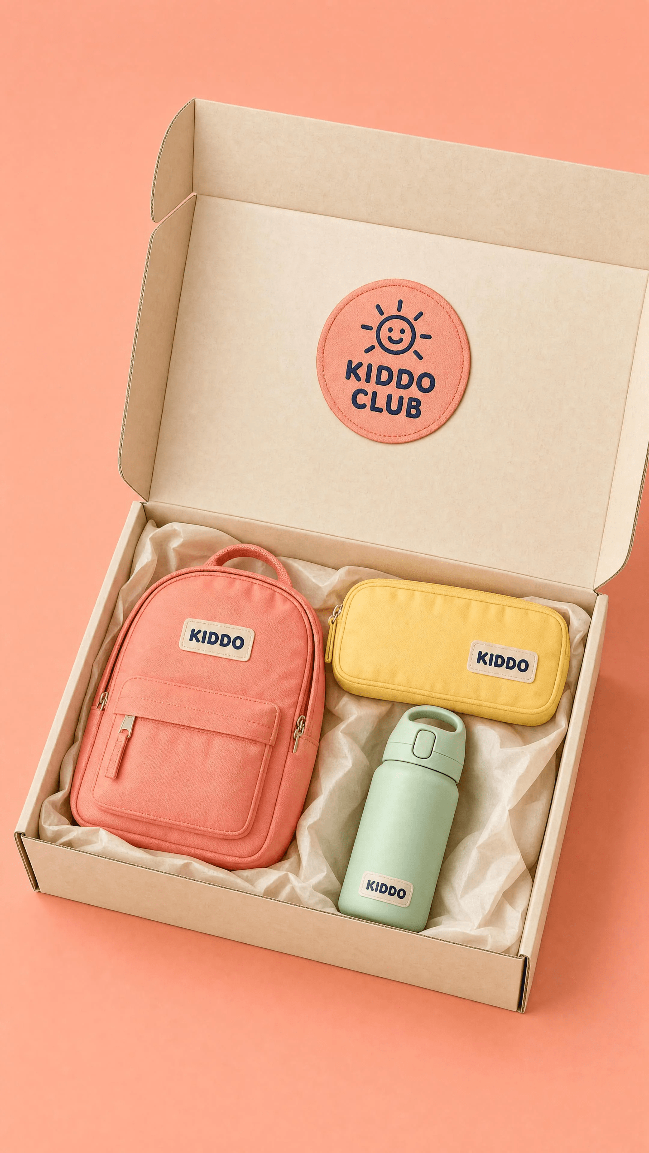 A coral, butter, and mint KIDDO gift-box unboxing scene.