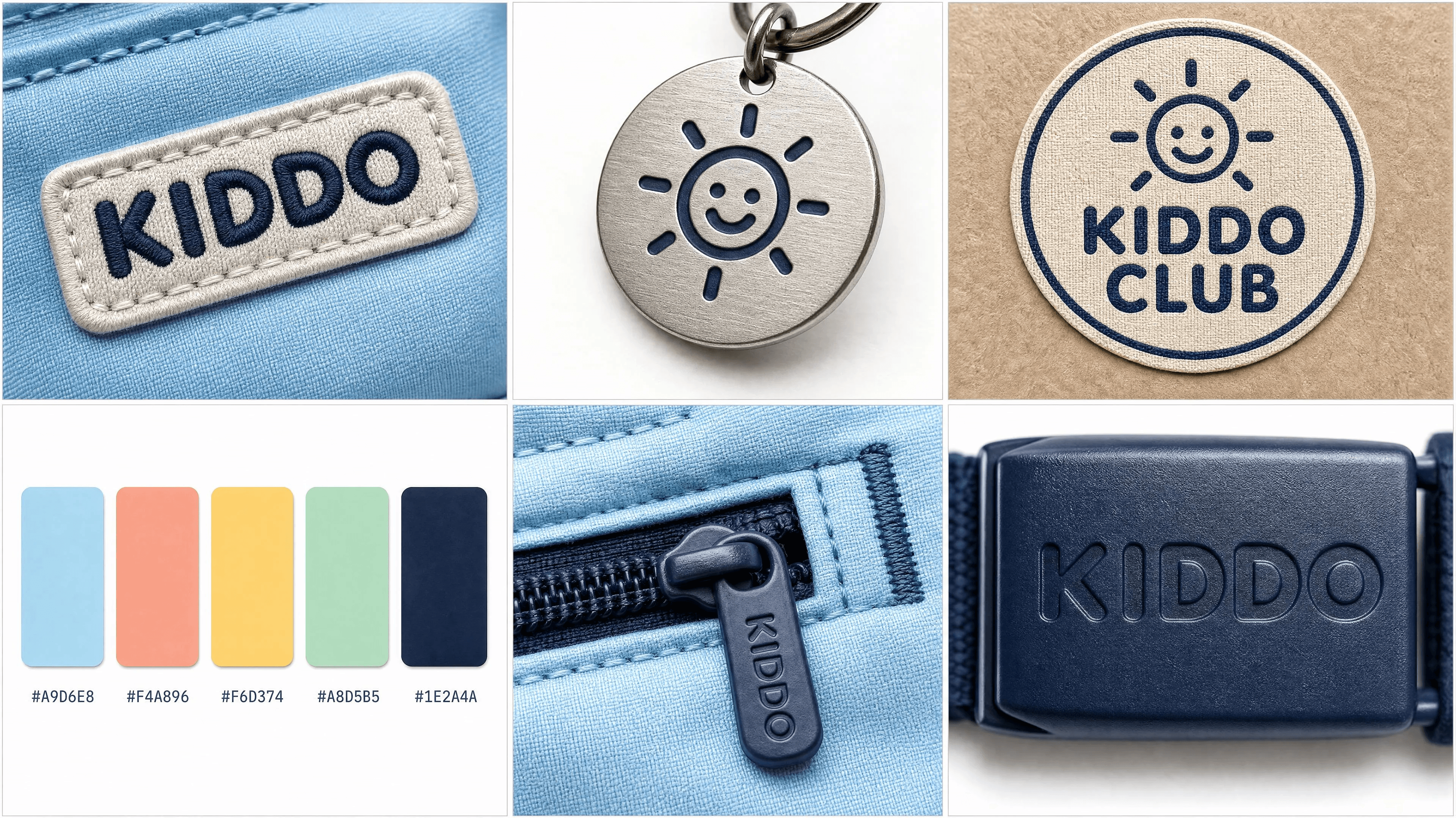 Six macro panels lock the KIDDO wordmark, charm, packaging patch, colour chips, stitching, and hardware.