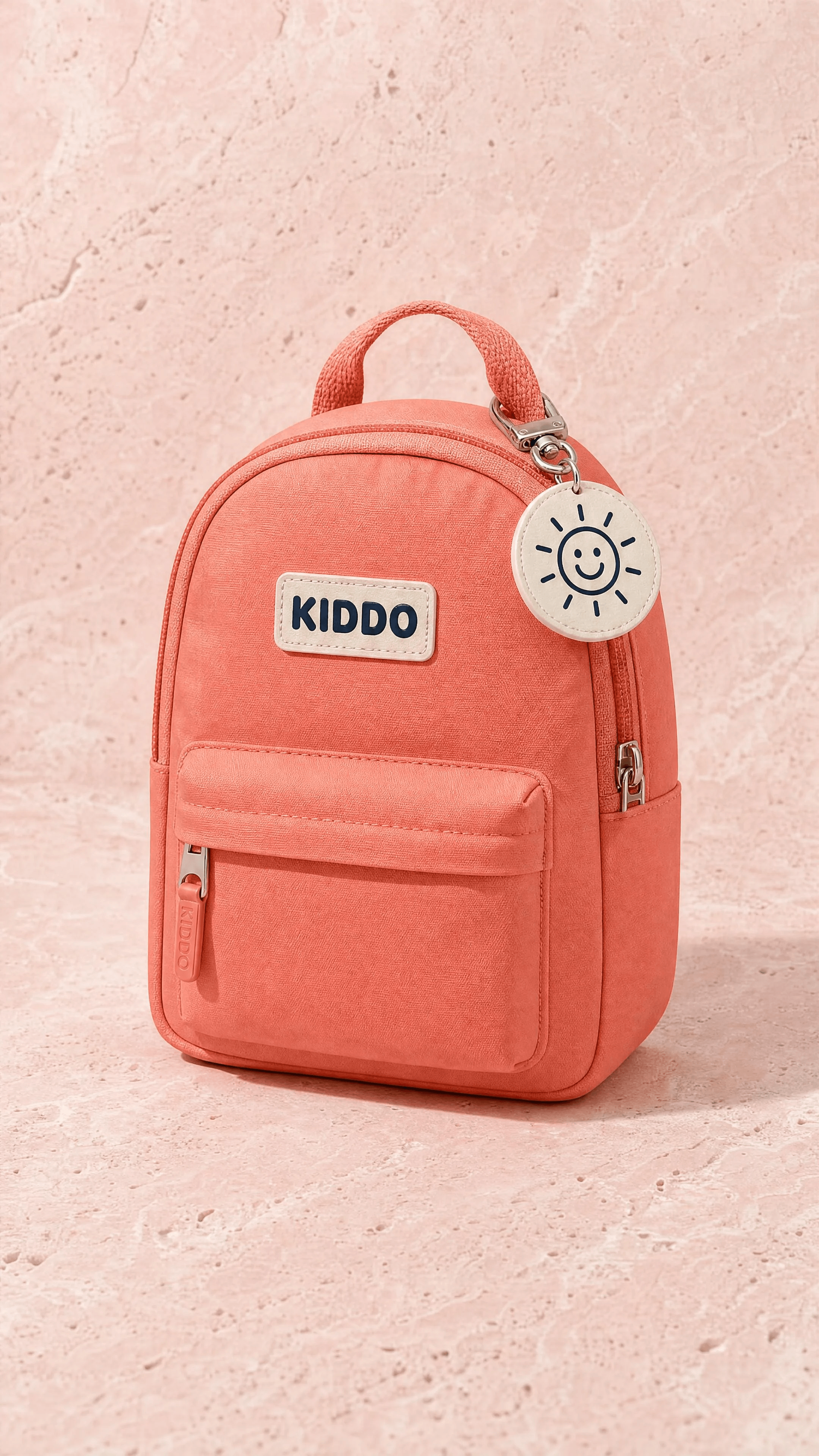 A coral mini backpack and its smiling sun-face charm on pink-toned stone.