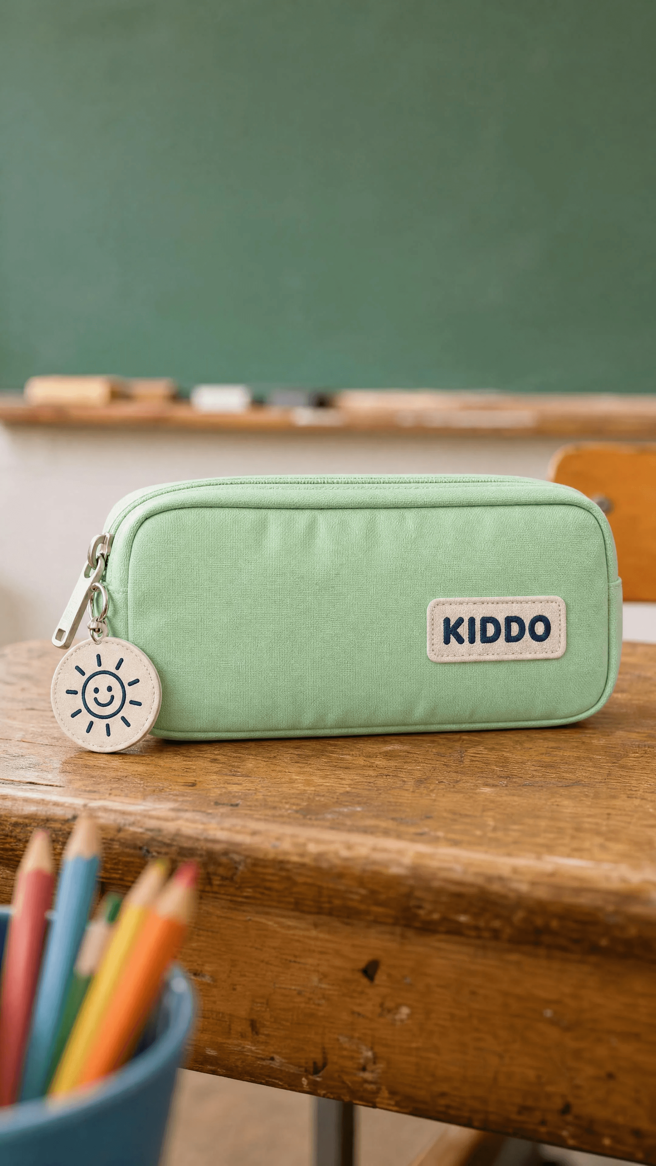 A mint KIDDO pencil case resting on a worn classroom desk.