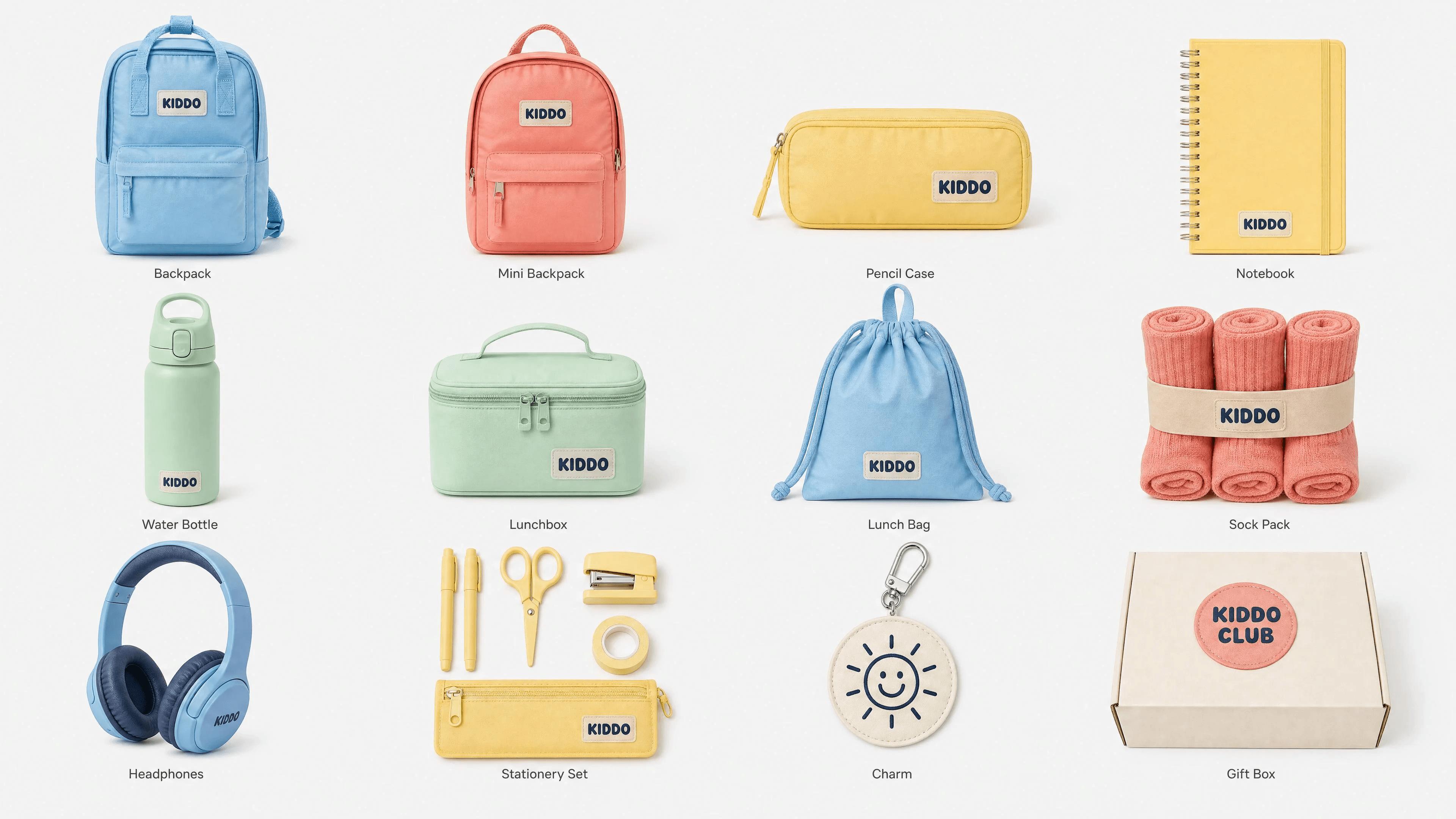 Twelve KIDDO products arranged as the canonical catalogue reference sheet.