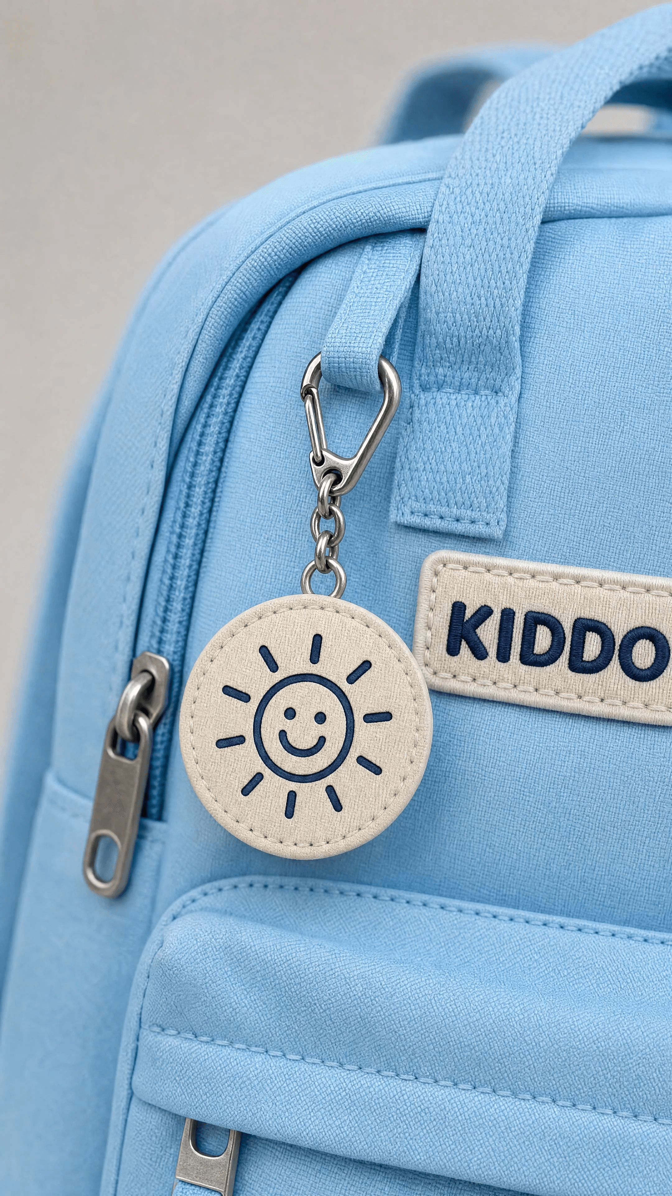 The canonical smiling sun-face charm in crisp focus against sky-blue nylon.